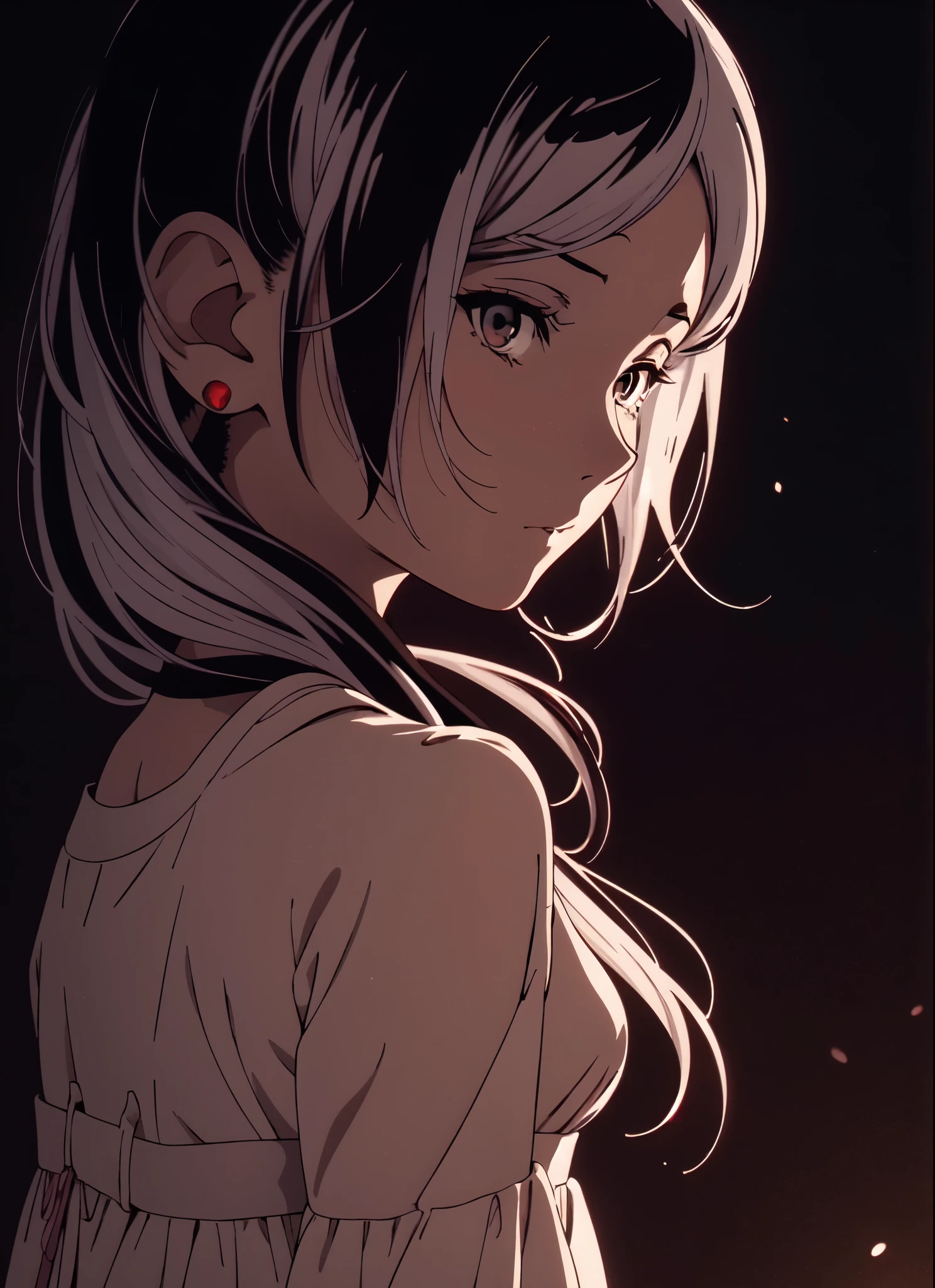 anime girl with white hair and a white dress standing in front of a dark background, artwork in the style of guweiz, profile of anime girl, portrait anime girl, beautiful anime portrait, looking to the viewer, 