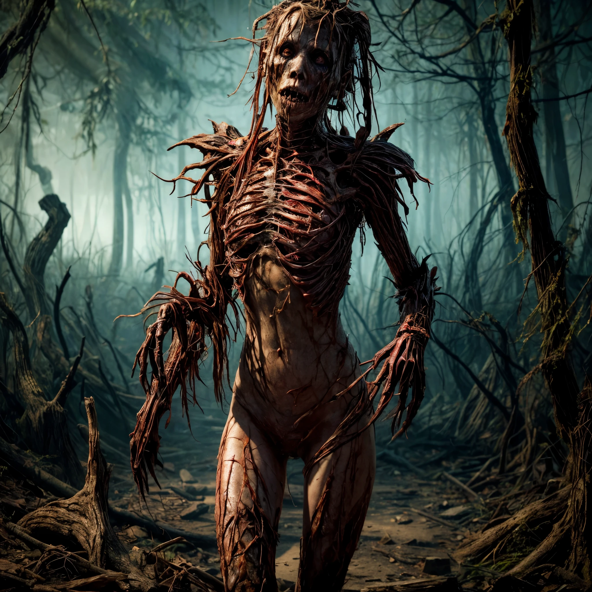 Masterpiece, highest quality, (high detail:1.2), creepy corner, phobia scene, bodies, corpsets, rotten meat, rotten skin, zoombie, blood, creepy, broken bone, bones, skeleton, a lot of dried blood and clots death, horror, obscure, shadows, swamp, horrifying creatures body rotten, sharp objects, living death, zoombies, gore, rotten organs, guts, dark macabre, virus, viruses and spores, mutants, mutations, altered DNA, sunset, strange creatures, post-apocalyptic, amputations, trauma, beats, bites, lacerations, hematomas and teratomas, post-apocalyptic background,1girl, blood tears, post mortem eyes, strange, tear the skin, blisters, rotten, fungus, undeath, dirt, human waste.