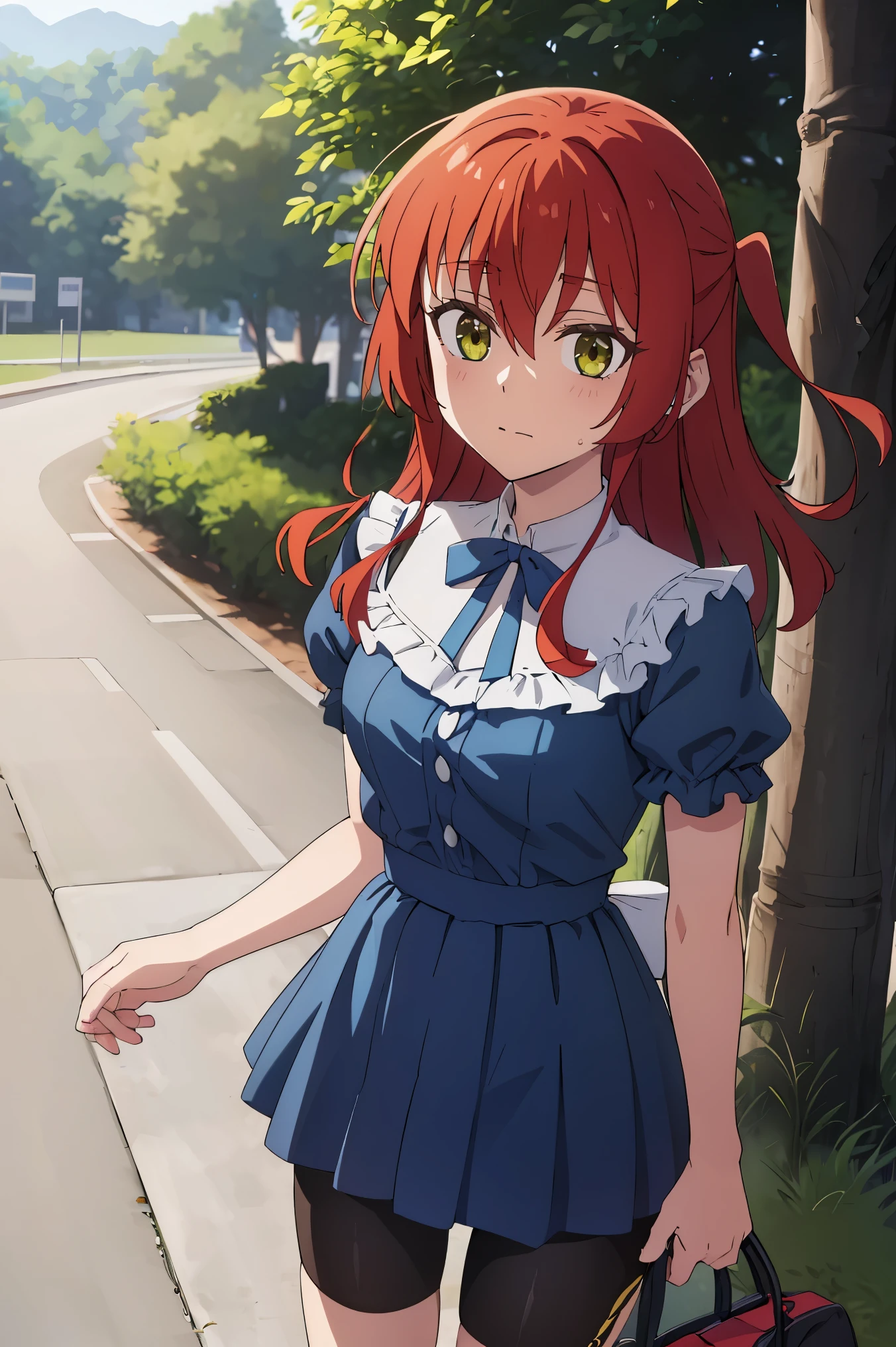 1 girl, ikuyo kita, bangs, red hair, long hair, one side up hair, green eyes, open eyes, blue dress, puffy sleeves, short sleeves, hdr, wearing bike shorts, looking ahead, open mouth, standing,