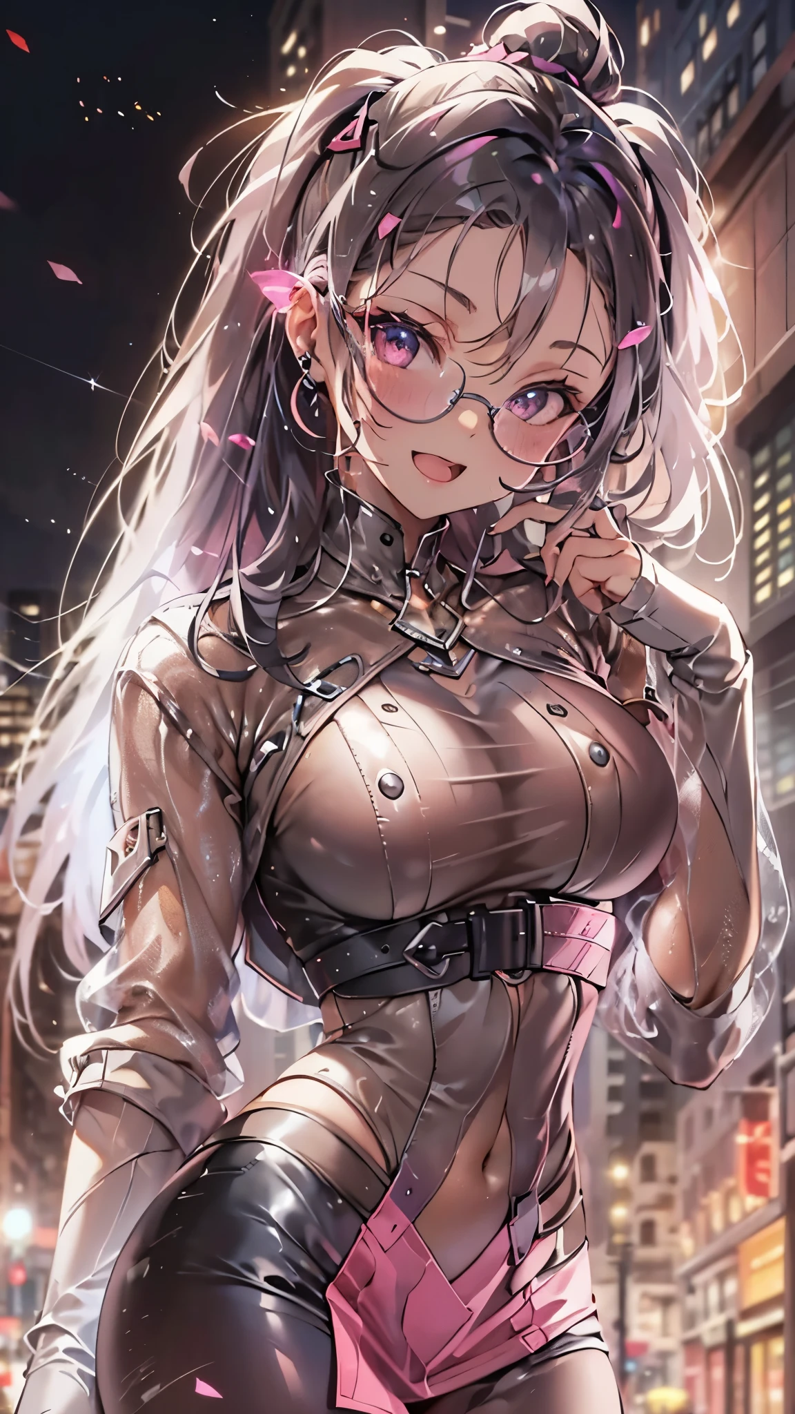 woman,14 years old,,city,night,(((White and pink tight miniskirt bodysuit))),,open mouth smile((See-through))glasses,((beautiful long ponytail)),((Baby girl body shape))((blonde))
