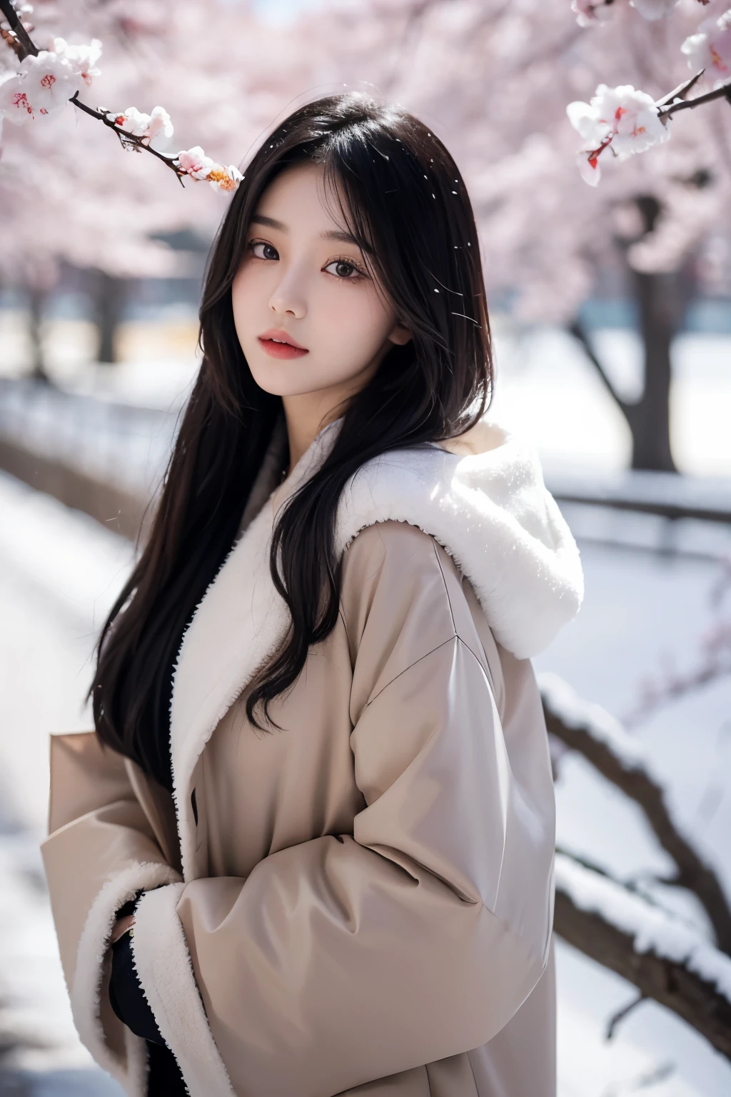 An 18-year-old Chinese beauty,winter,sexy,long black hair,Color flows across her face,chest,a ray of light,Warm winter clothes,student,Plum blossom background,Eye light