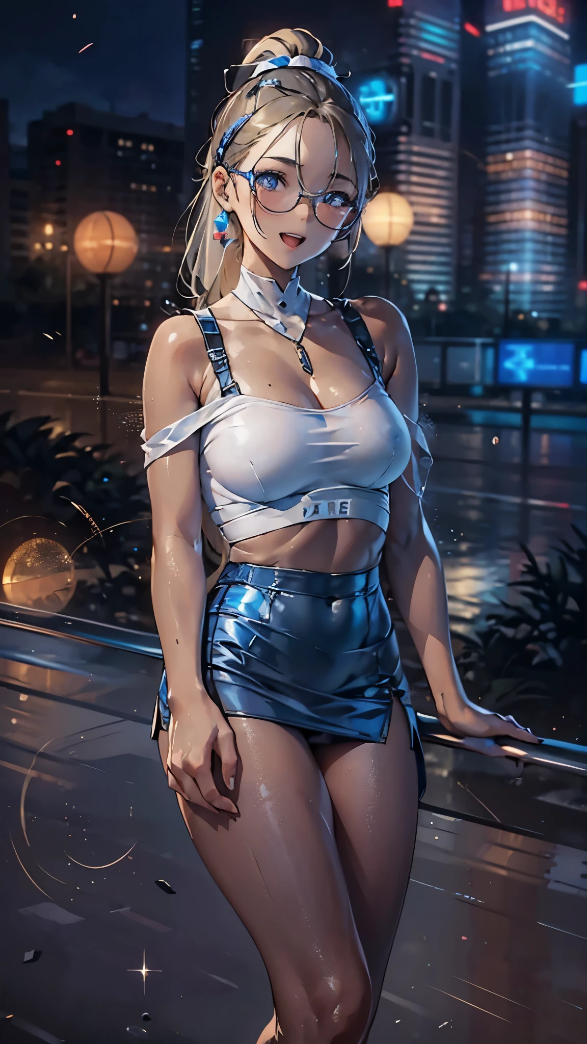 woman,,,city,night,(((white and blue tight miniskirt bodysuit))),,open mouth smile((See-through))glasses,((beautiful long ponytail)),((Baby girl bohape))((blonde))