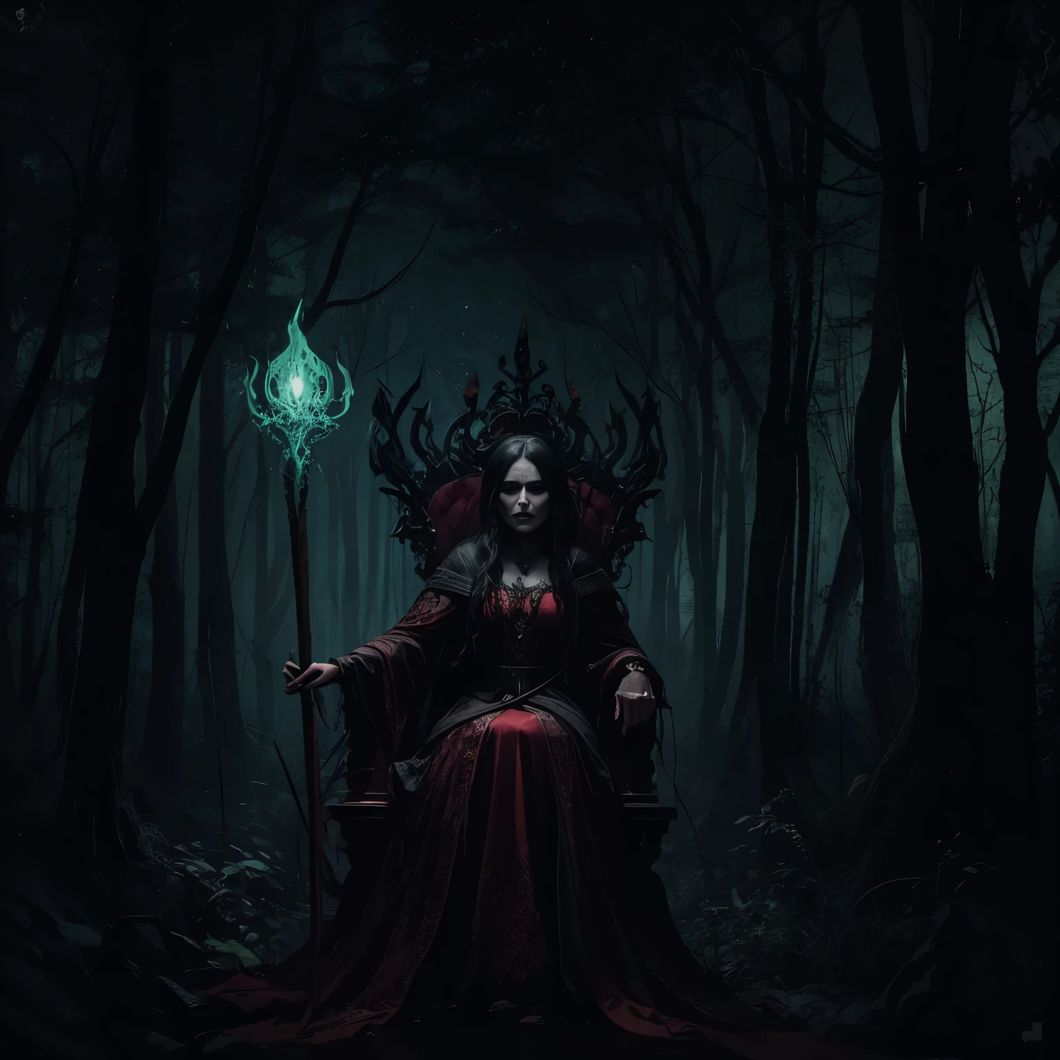 retrato close up of a creepy looking bruxa with a staff sitting in a throne, criatura em uma floresta sombria, retrato assustador em uma floresta, trono maia perdido na selva, Horror fantasy art, sorriso maligno e olhos pretos, ( ( ( Horror art ) ) ), sorriso perverso, mulher maligna, horrible forest, trono de ossos, Horror illustration, Horror painting, nightmarish illustration, Horror macabre face, mulher olhos pretos, bruxa de blair