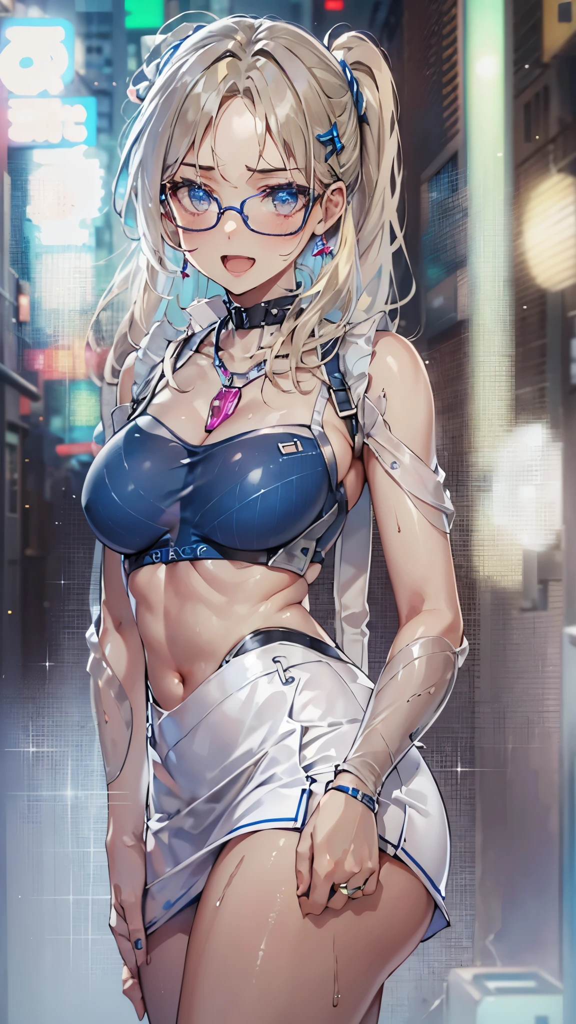 woman,14 years old,,city,night,(((white and blue tight miniskirt bodysuit))),,open mouth smile((See-through))glasses,((beautiful long ponytail)),((Baby girl body shape))((blonde))