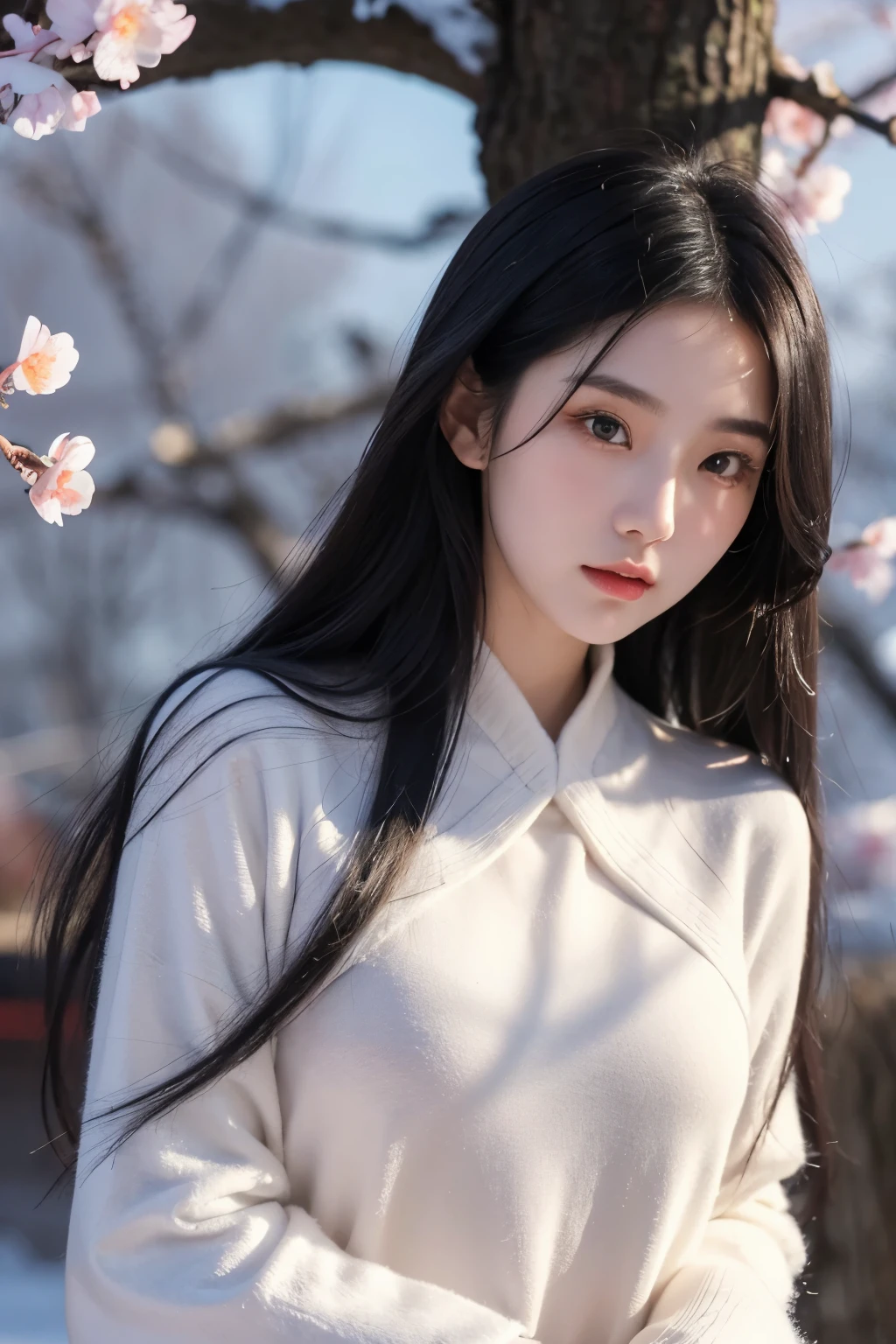 An 18-year-old Chinese beauty，winter，sexy，long black hair，Color flows across her face，chest，a ray of light，Warm winter clothes，student，Plum blossom background，Eye light，Nice light and shadow