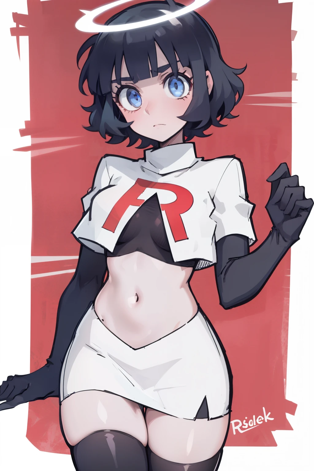 masterpiece, best quality,azazel with halo and blue eyes and black hair,team rocket,team rocket uniform,white skirt,red letter R,crop top,black thigh-highs,black elbow gloves, comic strip