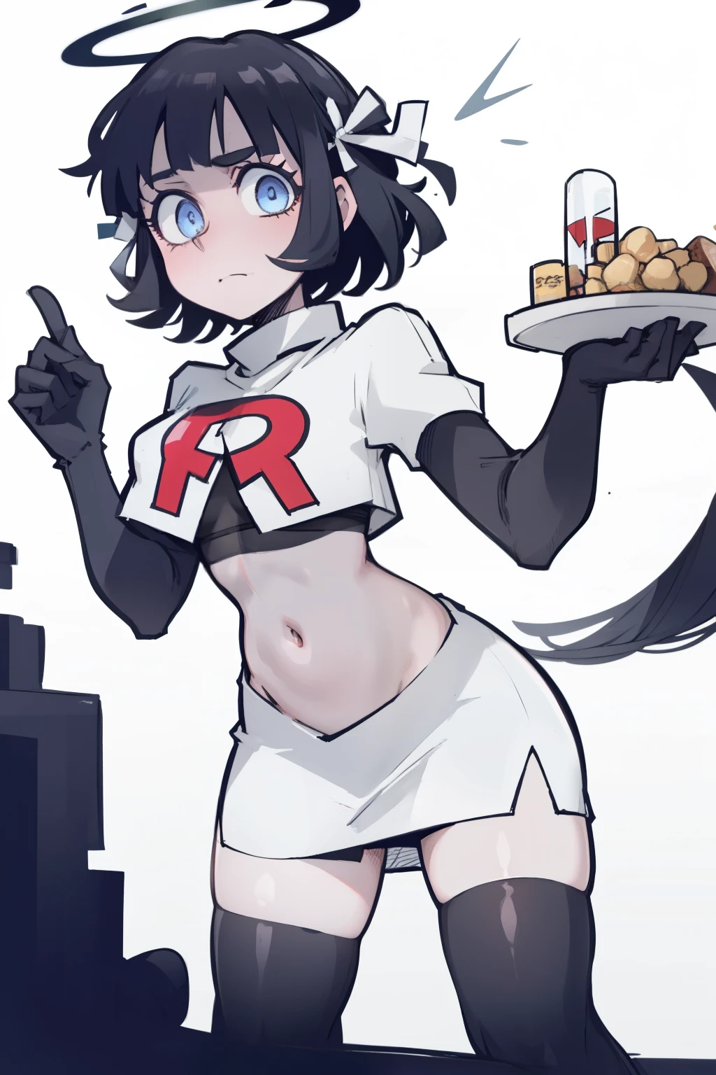 masterpiece, best quality,azazel with halo and blue eyes and black hair,team rocket,team rocket uniform,white skirt,red letter R,crop top,black thigh-highs,black elbow gloves, comic strip