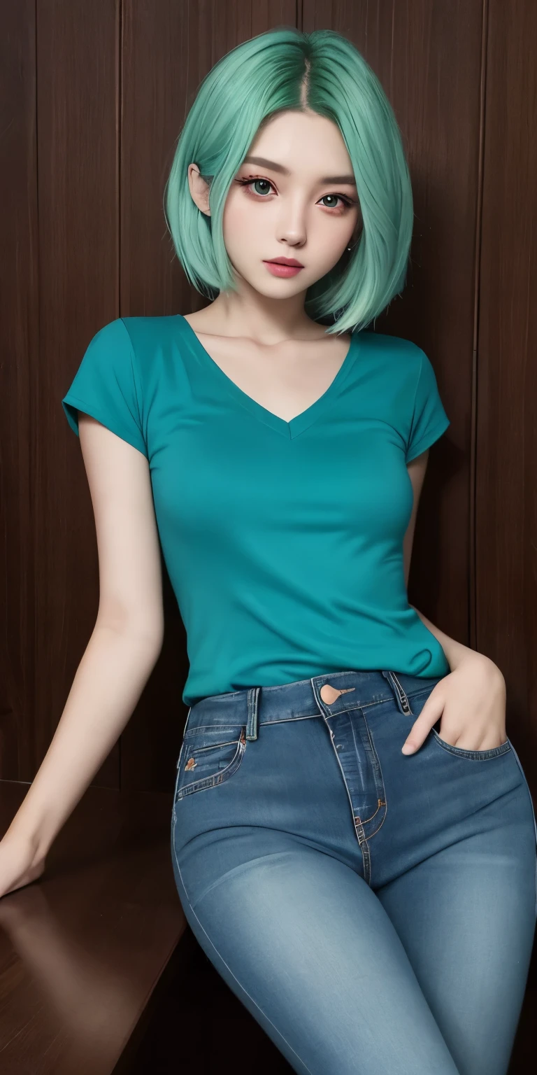 Masterpiece, best quality, 1girl, solo, 23 years old, adult, teal and green hair, aqua eyes, voluptuous, toned, 167cm, pale skin, seductive expression, olive green tshirt v neck, jeans,