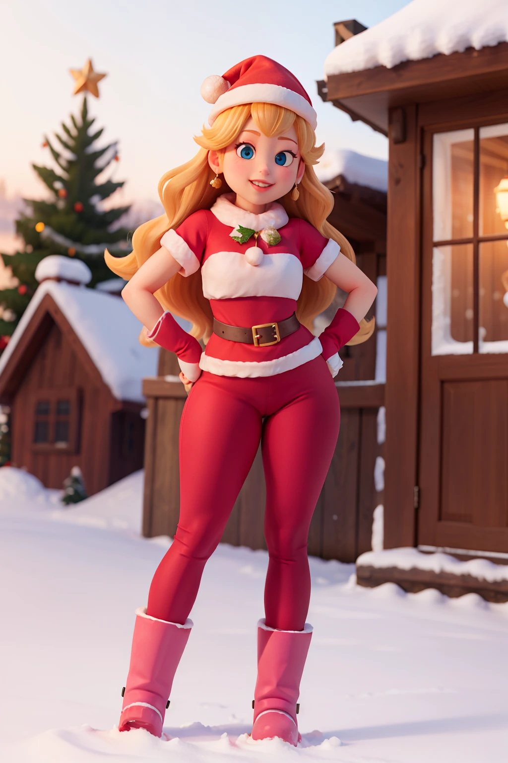 Peach princess,wearing tight pants, wearing snow boots, in the snow, christmas,thick thighs