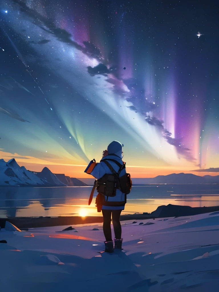 milky way、girl、aurora、night view、Antarctic continent