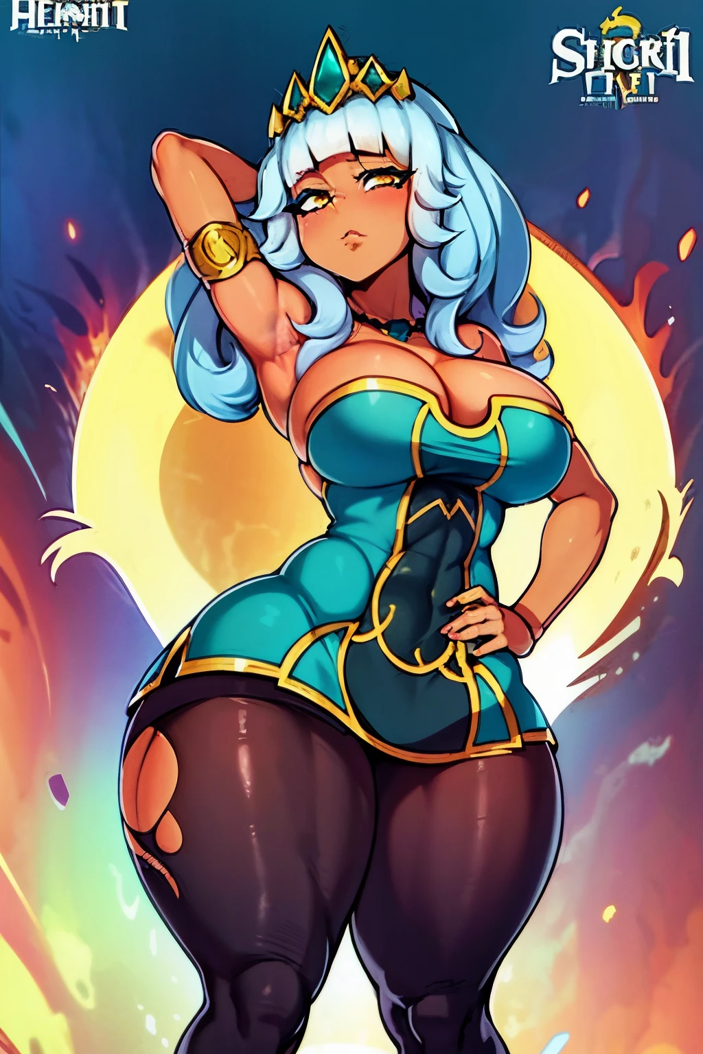 Cartoon poster depicting an anime woman with big breasts, Grande, Fat belly and small breasts, 1 chica, solamente, piel oscura, english text, viejo, hembra de piel oscura, Al aire libre, muslos gruesos, , cabello largo, ombligo, Mano en la cadera, sombra de ojos