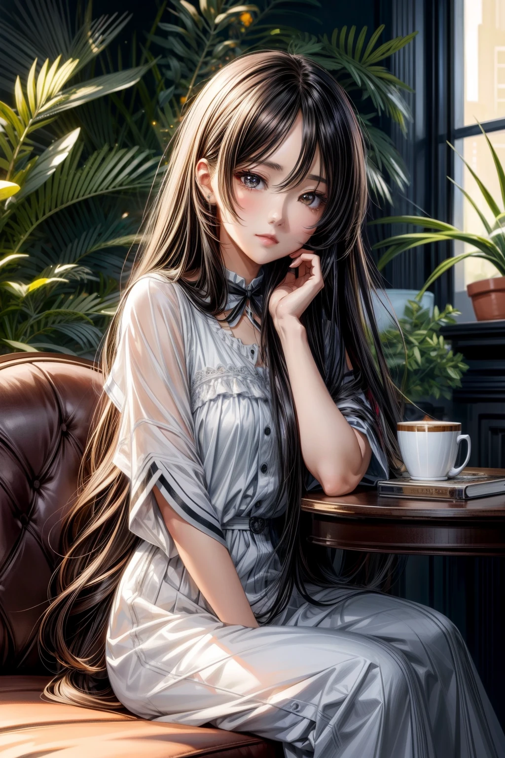 a woman sitting on a couch with a cup of coffee, anime girl with long hair, beautiful anime portrait, beautiful anime girl, beautiful anime woman, beautiful alluring anime woman, artwork in the style of guweiz, realistic cute girl painting, beautiful character painting, realistic anime artstyle, mysterious coffee shop girl, realistic anime art style, beautiful digital artwork