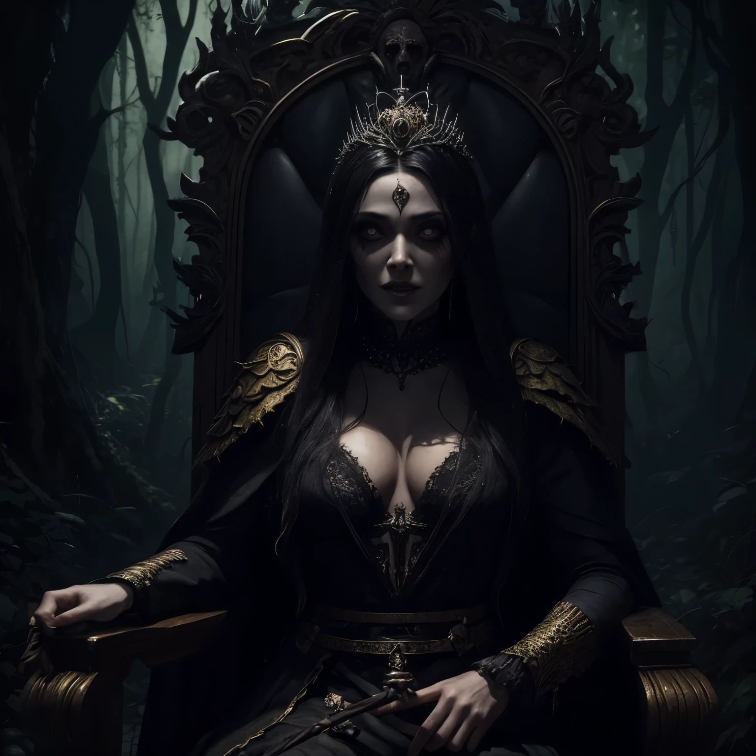 close up of a creepy looking bruxa with a staff sitting in a throne, criatura em uma floresta sombria, retrato assustador em uma floresta, trono maia perdido na selva, Horror fantasy art, sorriso maligno e olhos pretos, ( ( ( Horror art ) ) ), sorriso perverso, mulher maligna, horrible forest, trono de ossos, Horror illustration, Horror painting, nightmarish illustration, Horror macabre face, mulher olhos pretos, bruxa de blair