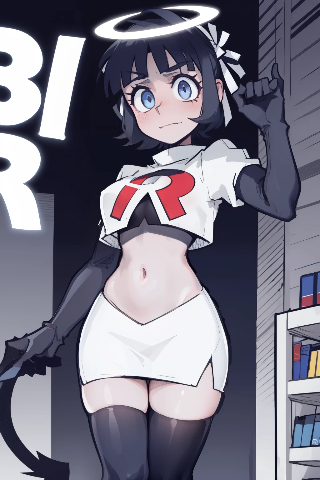 masterpiece, best quality,azazel with halo and blue eyes and black hair,team rocket,team rocket uniform,white skirt,red letter R,crop top,black thigh-highs,black elbow gloves, comic strip