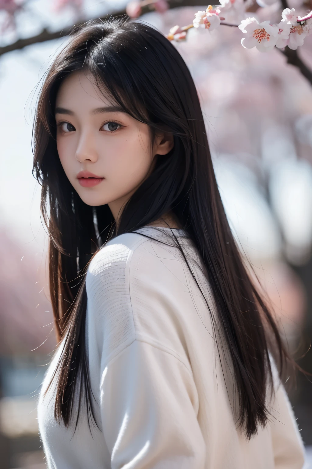 An 18-year-old Chinese beauty，winter，sexy，long black hair，Color flows across her face，chest，a ray of light，Warm winter clothes，student，Plum blossom background