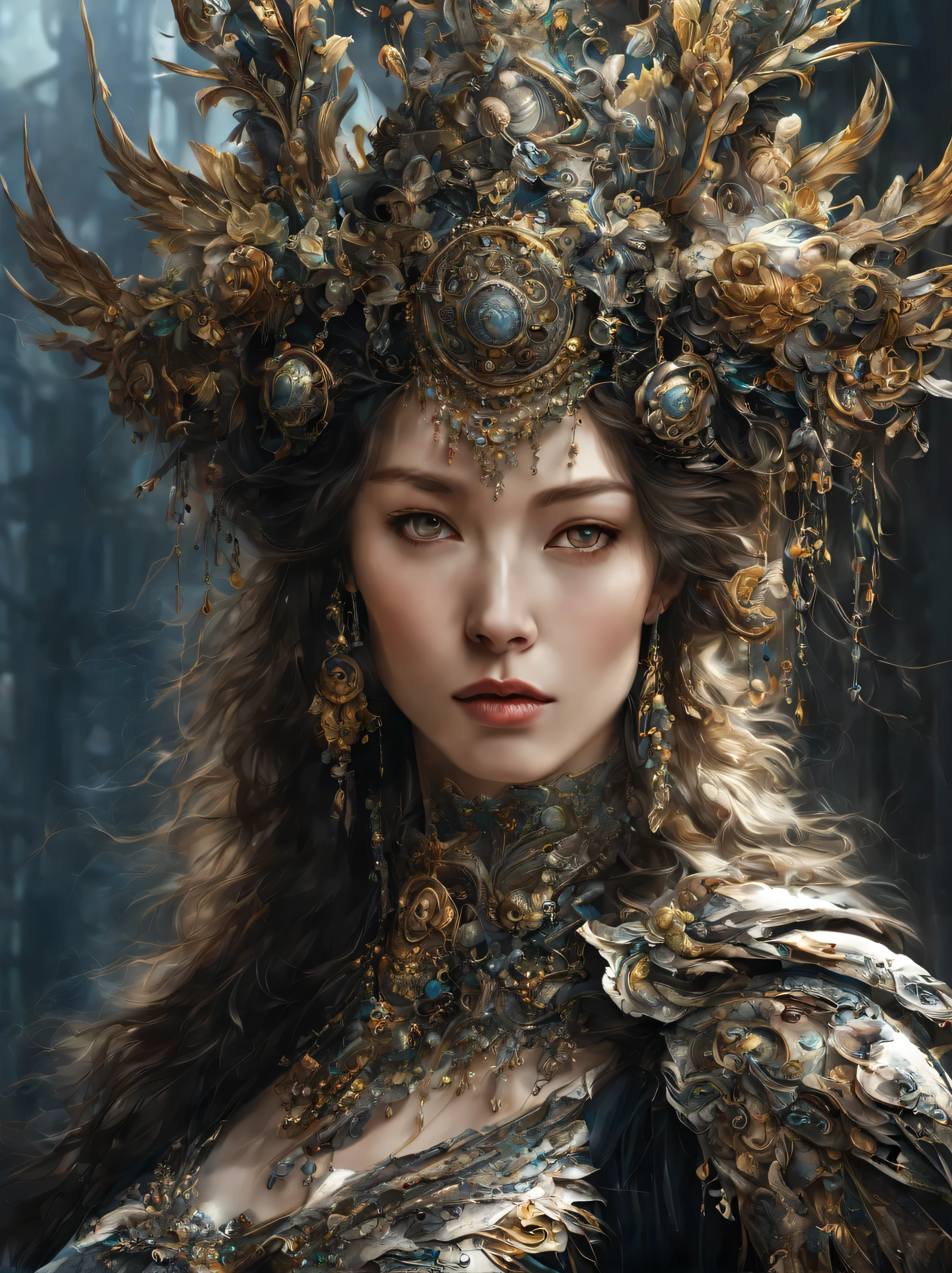 a close up of a woman in a costume with a large headpiece, digital art by Yang J, cgsociety contest winner, fantasy art, stunning digital illustration, digital fantasy art ), beautiful digital artwork, portrait knights of zodiac girl, portrait of a cyborg queen, gorgeous digital art, exquisite digital illustration, rossdraws digital painting, hyperdetailed fantasy character, stunning cgsociety