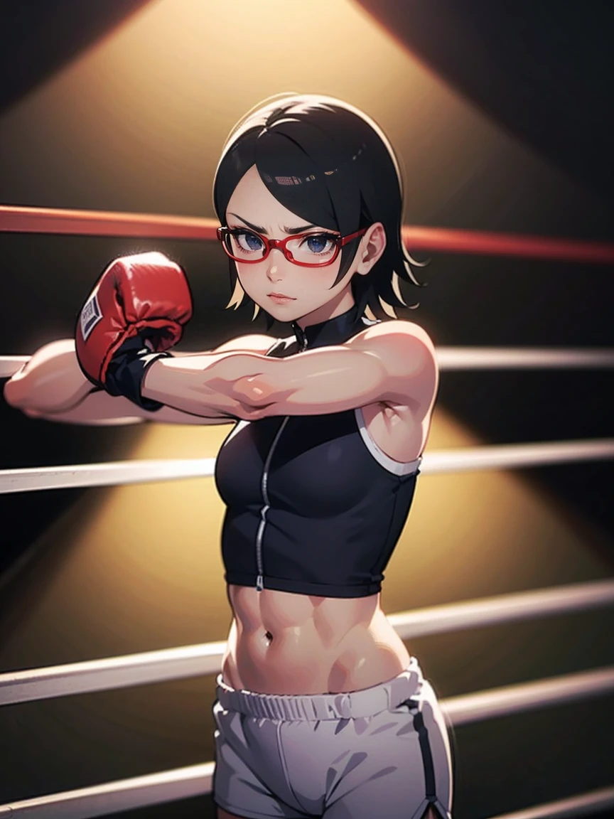 (Original), (very detailed wallpaper) , (best quality) , (work of art) ,struggling posture, artistic dedication, very detailed illustrations, (1 girl) , beautiful eyes, (Delicate Face) , perfect detail, (best lighting ), (super complex details), ((Alone, Sarada Uchiha, wearing glasses, short hair, serious facial expression, Staring, confident)), (aggressive punch) , sweat, Heavy breathing, (oppressive attack) , (Boxing ring ), athletic shorts, perfect detail, perfect fingers, perfect limbs, impact, (glowing skin), abdomen, fitness, muse, posing, photo shoot, artistic shoot, fascinating, charming, waist, boxing shorts, fight, black hair , short hair, short Black hair, 4k, black eyes, (magnificent,detailed: 1.2) , (8k: 1.2) , splendid,charming,invent,Small