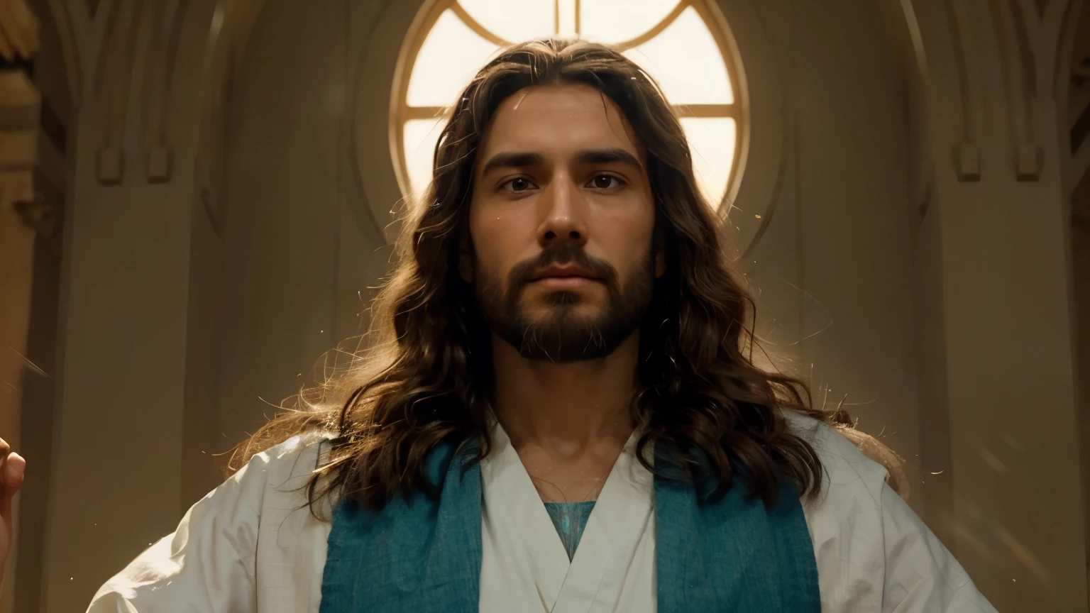 Develop a high-definition representation of Jesus Christ with a style inspired by the aesthetics of Pixar animation. Emphasize traits of kindness, compassion and serenity, ensuring a respectful and culturally sensitive approach. Utilize cores vibrantes, captivating lighting and details that express a sense of spiritual transcendence. Make sure the image conveys an atmosphere of peace and hope.