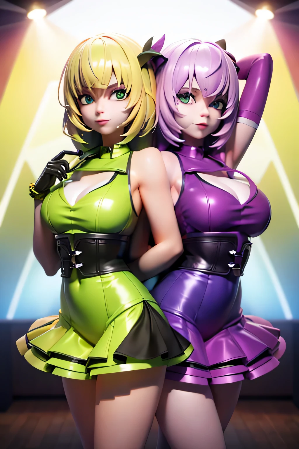 twin sisters, wearing rave outfits, blonde, green eyes, at a rave, ultrasharp, high res, 8k, hd, looking at view
