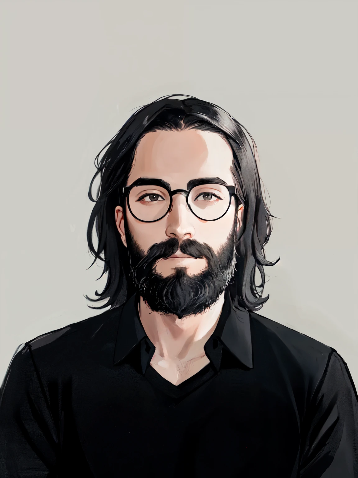 there is a man with a beard and round glasses, black hair, using a black shirt, white background, perfectly centered portrait, looking at the viewer, soft portrait, front view portrait, black and white picture, low details