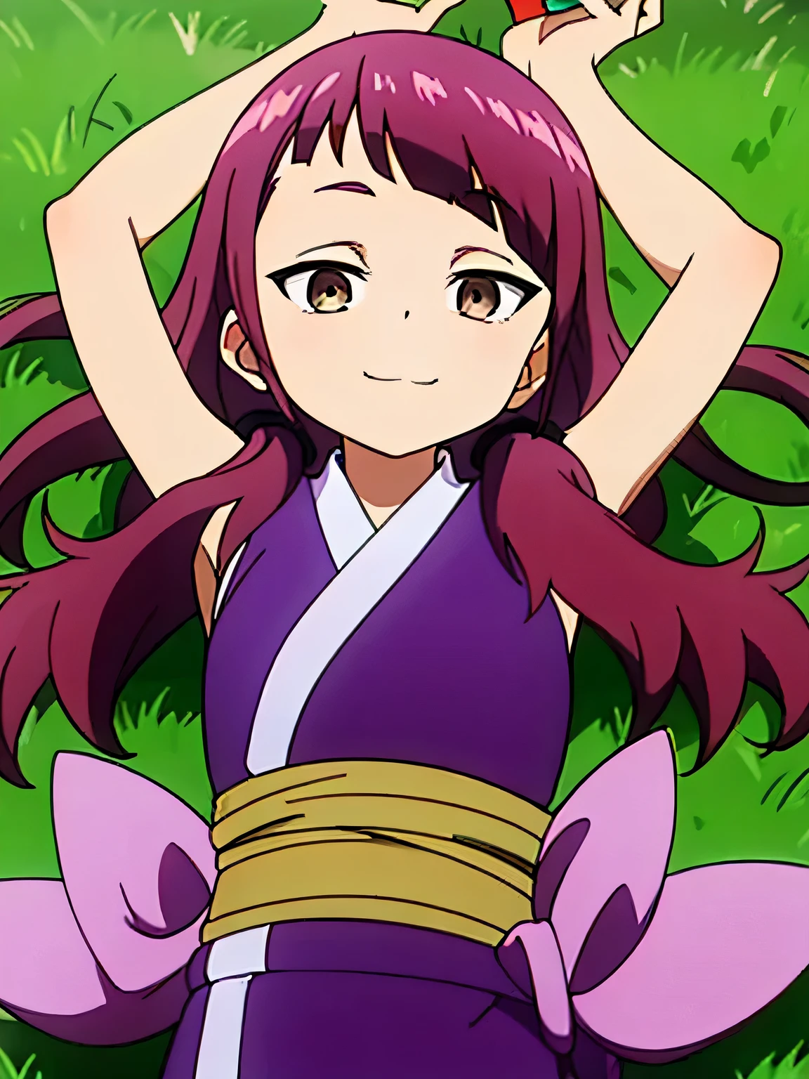 kunoichi_shakuyaku, brown eyes, purple hair, low twintails, purple kimono, anime, closed mouth, solo, lying, on back, on grass, spread arms, arms up, shy smile