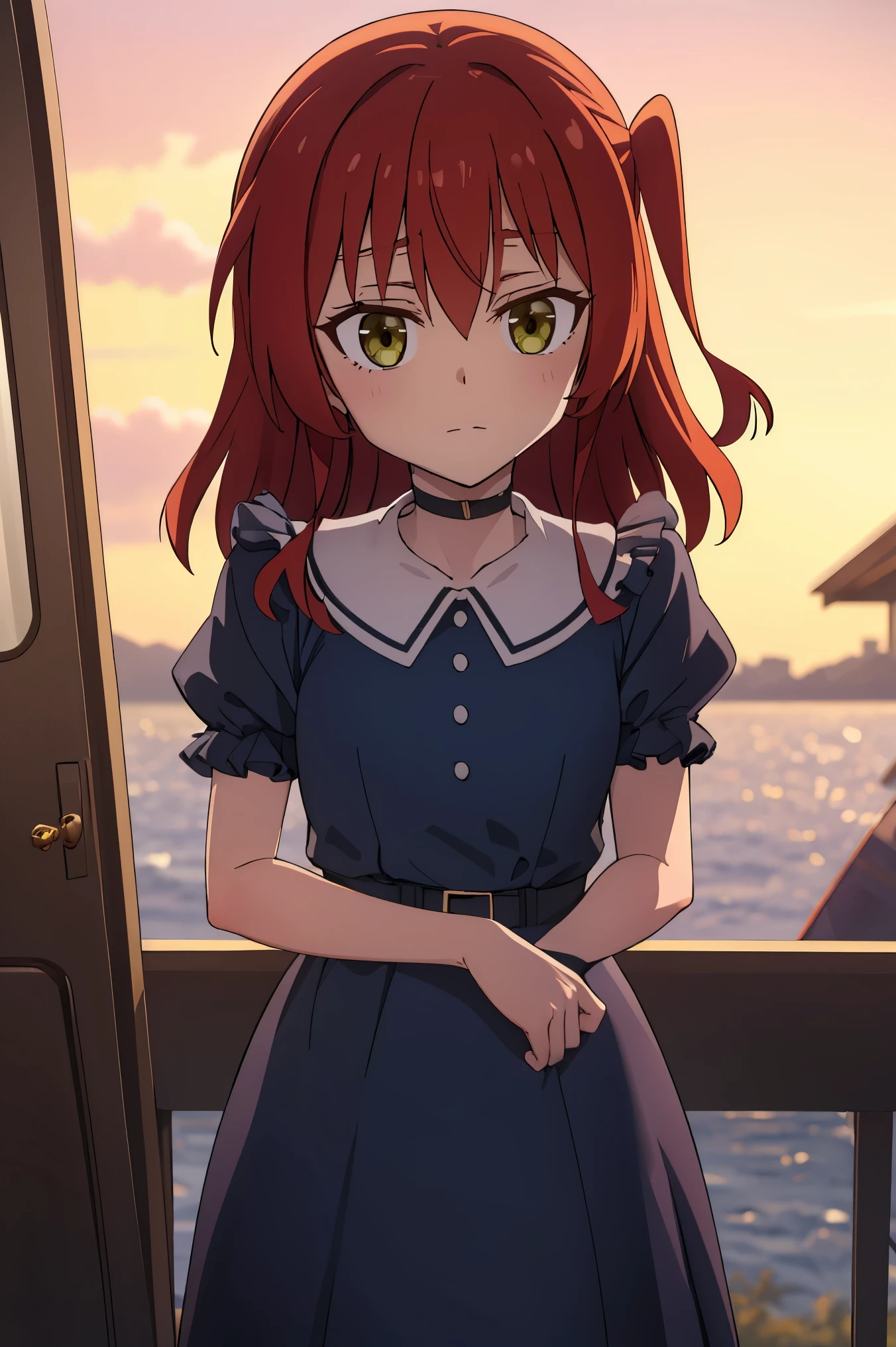 1 girl, ikuyo kita, bangs, red hair, long hair, one side up hair, green eyes, open eyes, blue dress, puffy sleeves, short sleeves, hdr, looking ahead, open mouth, standing, pov, 