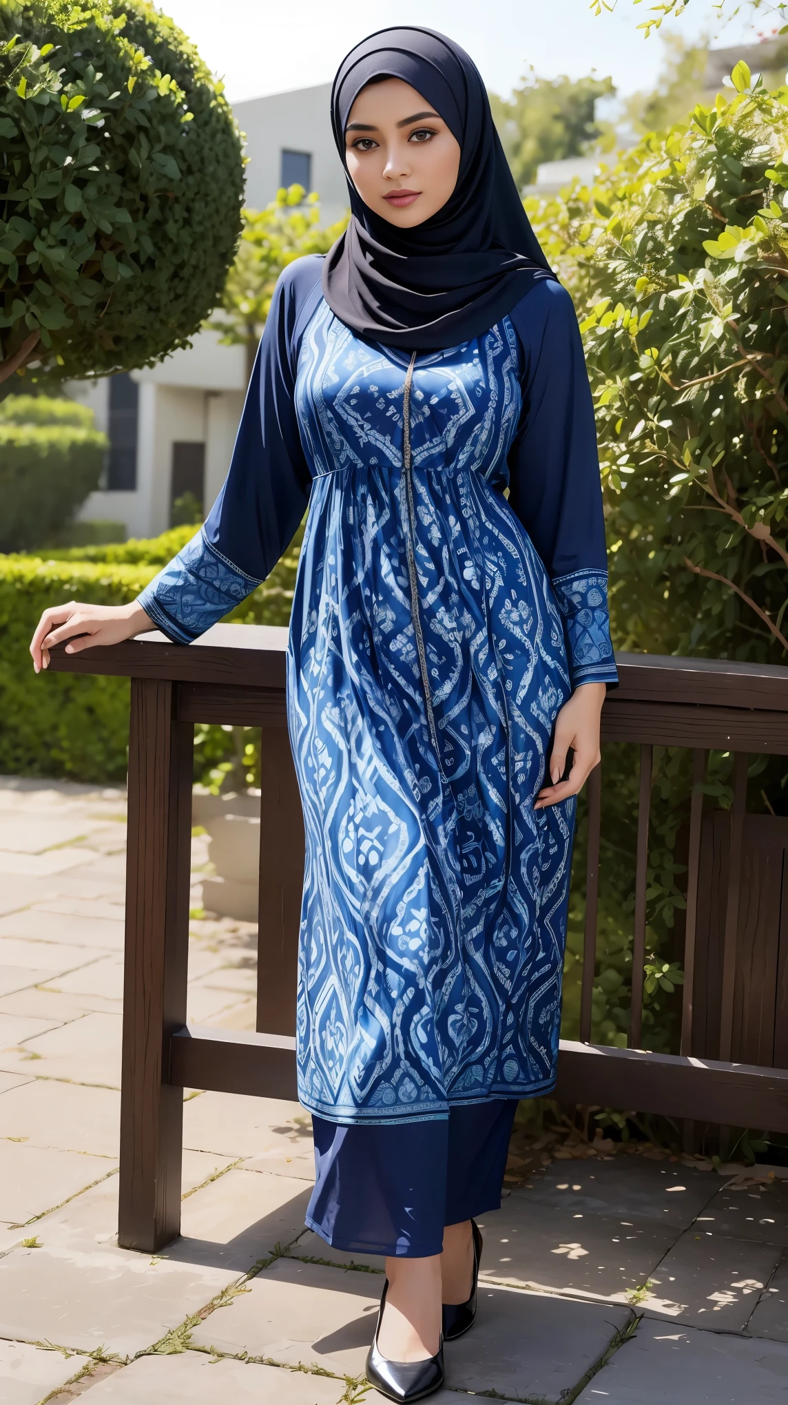 (Close Up),RAW, Best quality, high resolution, masterpiece: 1.3), beautiful Malay woman in hijab,Masterpiece, perfect slim fit body,small breast, big gorgeous eyes, Soft smile,beautiful face,thick thighs, malay muslim woman wearing a blue floral print dress and black shoes, blue tunic, looks like ebru şahin, doruk erdem, decorative dark blue clothing, delicate patterned, long tunic, blue - print, tunic, hijab, women full body, delightful, casual modern clothing, detailed picture, modern casual clothing, patterned clothing, long shirt, lovely, beautiful shading , beautiful woman , located in flower garden, Excellent lighting, Bright colors, Clean lines