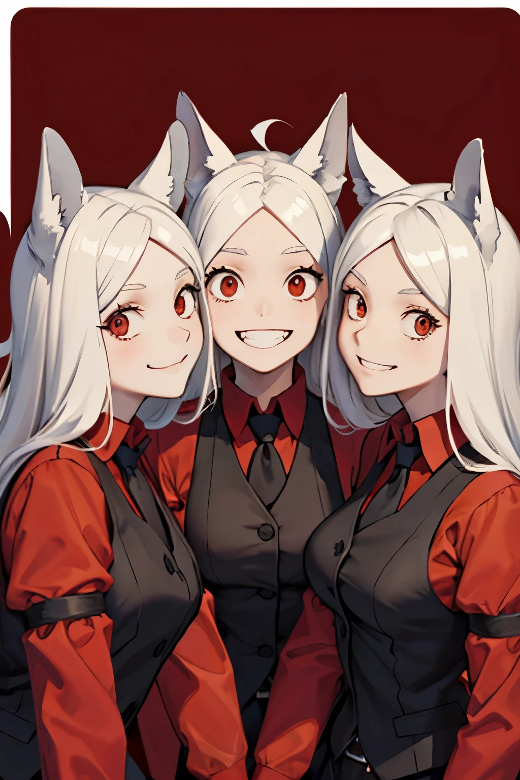 1 girl, htcerberus, red shirt, black vest, smiling