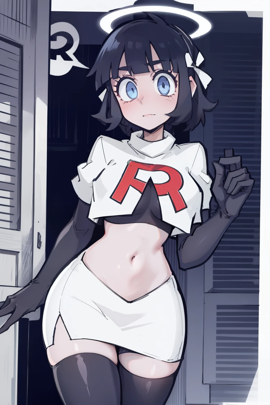 masterpiece, best quality,azazel with halo and blue eyes and black hair,team rocket,team rocket uniform,white skirt,red letter R,crop top,black thigh-highs,black elbow gloves, comic strip