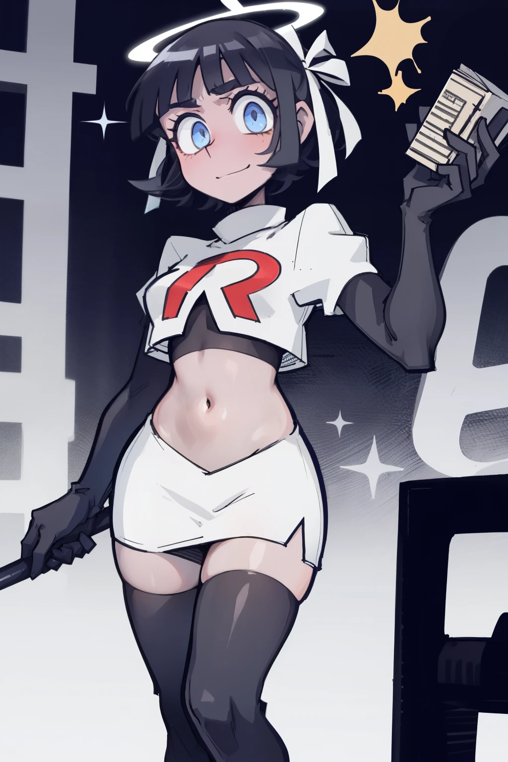 masterpiece, best quality,azazel with halo and blue eyes and black hair,team rocket,team rocket uniform,white skirt,red letter R,crop top,black thigh-highs,black elbow gloves, comic strip