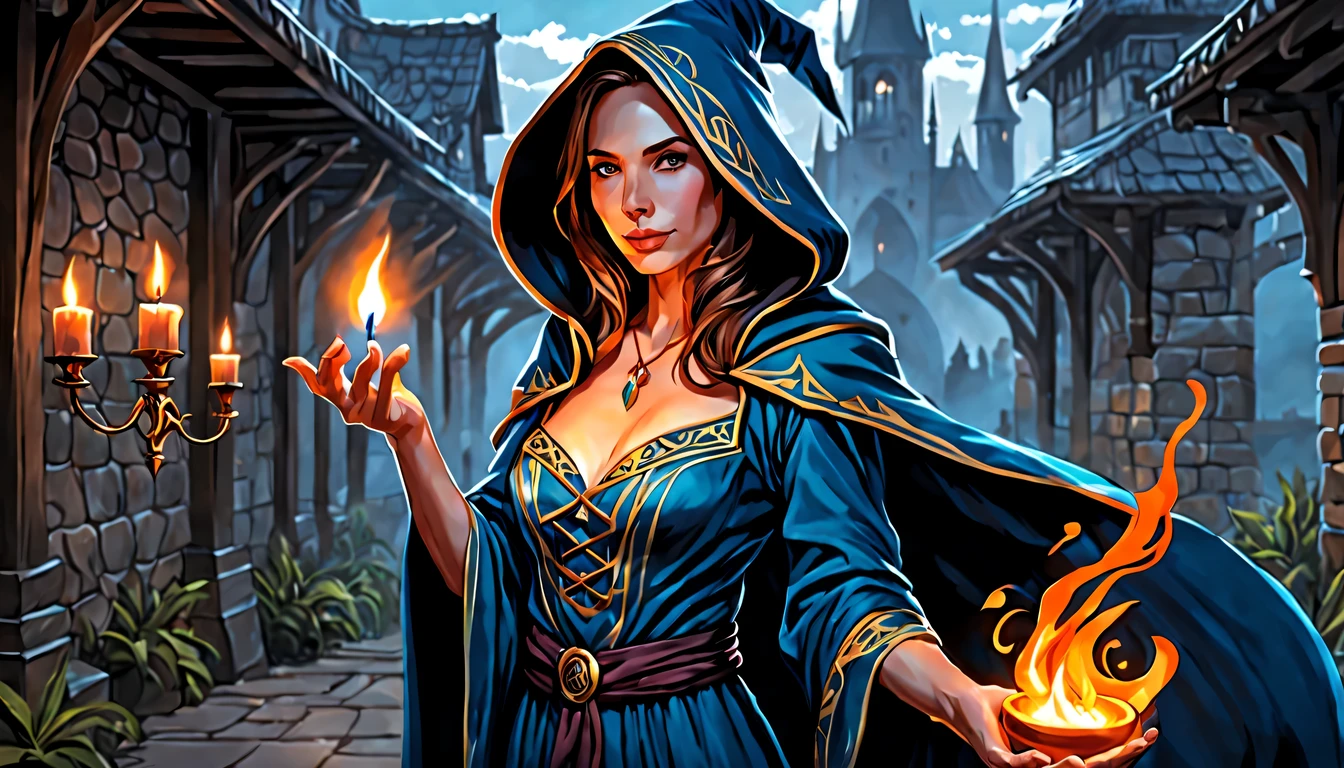 Uma jovem garota de corpo inteiro (Claire Forlani), Blue light long Dress, holding black hood,holding a lighted candle in her hand, female mage conjuring a spell, a young female wizard, portrait of a female mage, an arcane wizard casting a spell, portrait of a mage, casting a fire spell, flirty anime witch casting magic, Artgerm and Atey Ghailan, epic mage girl character