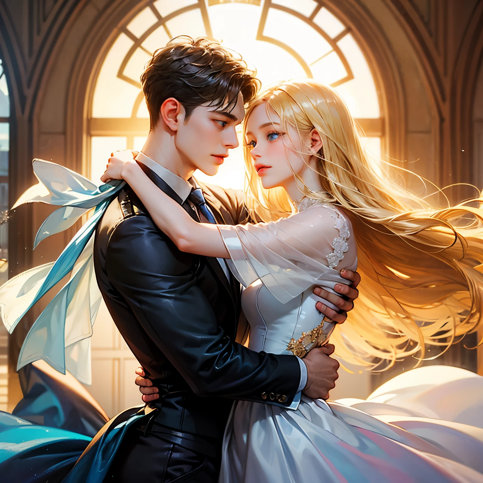 The boy has a handsome face, symmetrical face, symmetrical eyes. Short black hair, sky blue eyes.The girl has long blonde hair, golden eyes, blue and white dress. He hug the girl .
