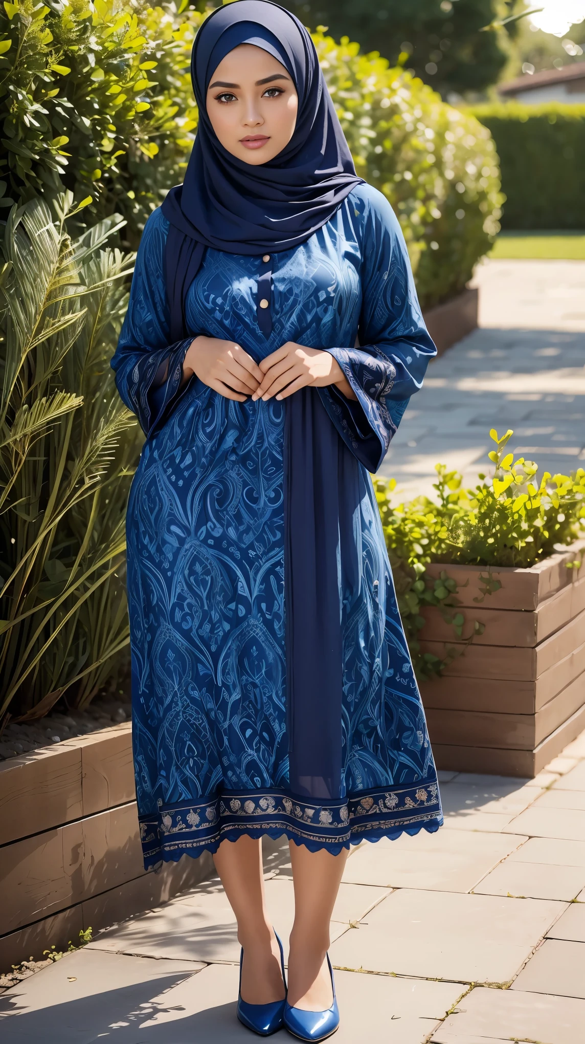 (Close Up),RAW, Best quality, high resolution, masterpiece: 1.3), beautiful Malay woman in hijab,Masterpiece, perfect slim fit body,small breast, big gorgeous eyes, Soft smile,beautiful face,thick thighs, malay muslim woman wearing a blue floral print dress and black shoes, blue tunic, looks like ebru şahin, doruk erdem, decorative dark blue clothing, delicate patterned, long tunic, blue - print, tunic, hijab, women full body, delightful, casual modern clothing, detailed picture, modern casual clothing, patterned clothing, long shirt, lovely, beautiful shading , beautiful woman , located in flower garden, Excellent lighting, Bright colors, Clean lines