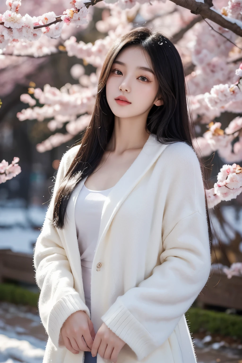 An 18-year-old Chinese beauty,winter,sexy,long black hair,Color flows across her face,chest,a ray of light,Warm winter clothes,student,Plum blossom background