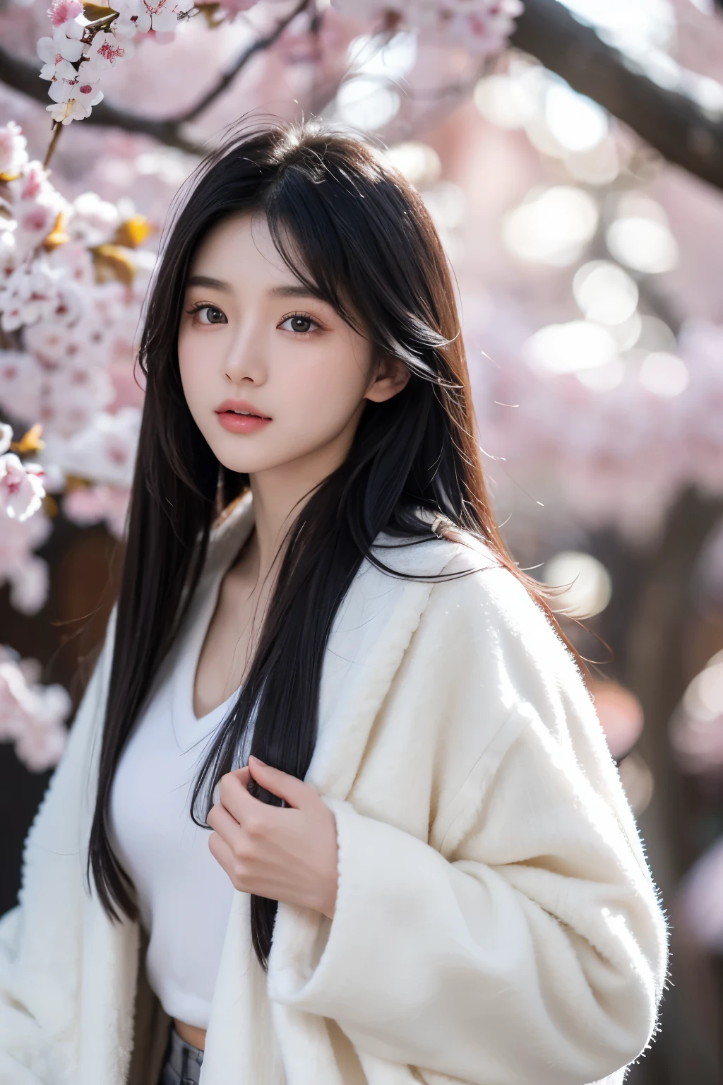 An 18-year-old Chinese beauty，winter，sexy，long black hair，Color flows across her face，chest，a ray of light，Warm winter clothes，student，Plum blossom background
