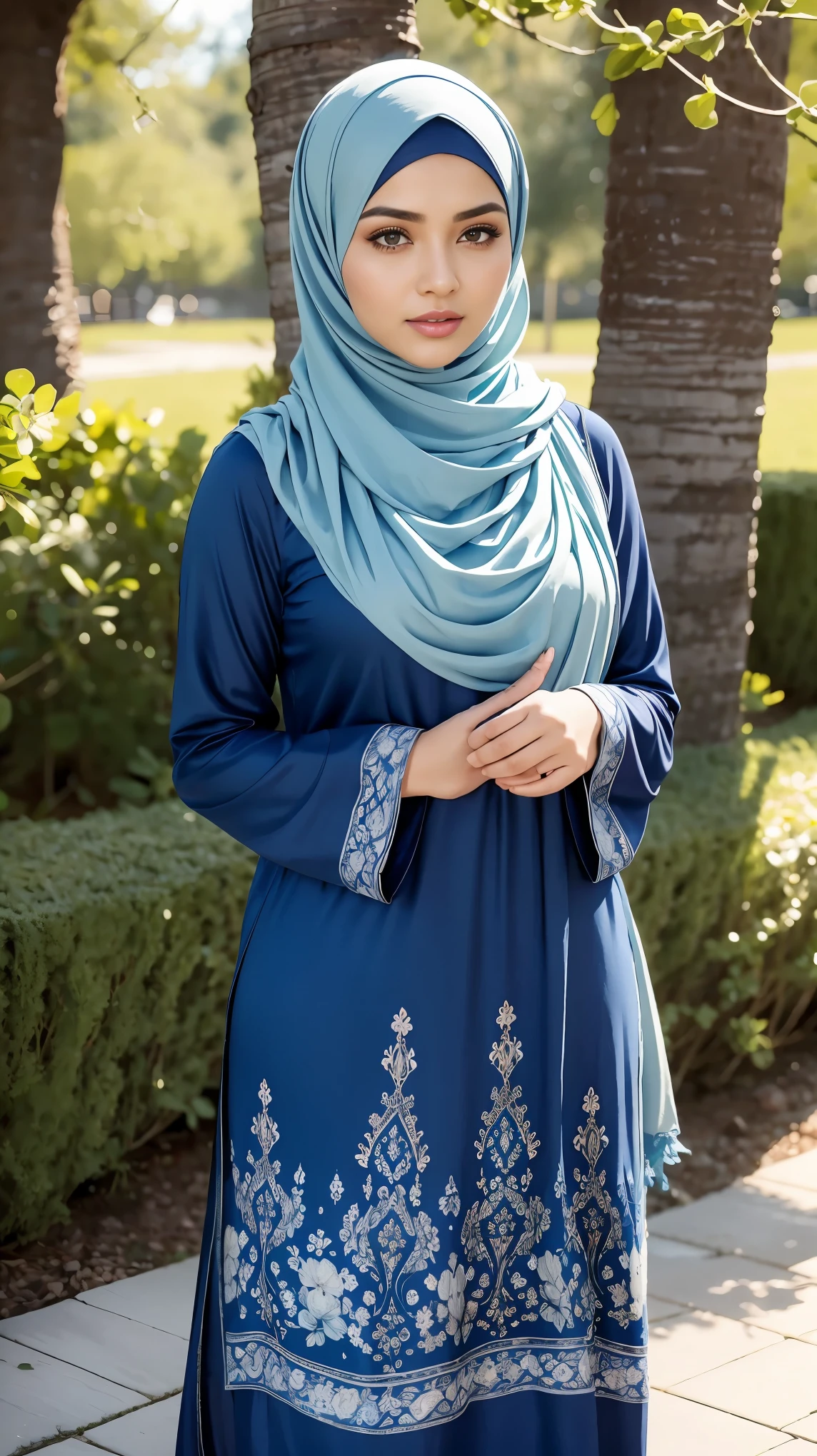 (Close Up),RAW, Best quality, high resolution, masterpiece: 1.3), beautiful Malay woman in hijab,Masterpiece, perfect slim fit body,small breast, big gorgeous eyes, Soft smile,beautiful face,thick thighs, muslim woman wearing a blue floral print dress and black shoes, blue tunic, looks like ebru şahin, doruk erdem, decorative dark blue clothing, delicate patterned, long tunic, blue - print, tunic, hijab, women full body, delightful, casual modern clothing, detailed picture, modern casual clothing, patterned clothing, long shirt, lovely, beautiful shading , beautiful woman , located in flower garden, Excellent lighting, Bright colors, Clean lines