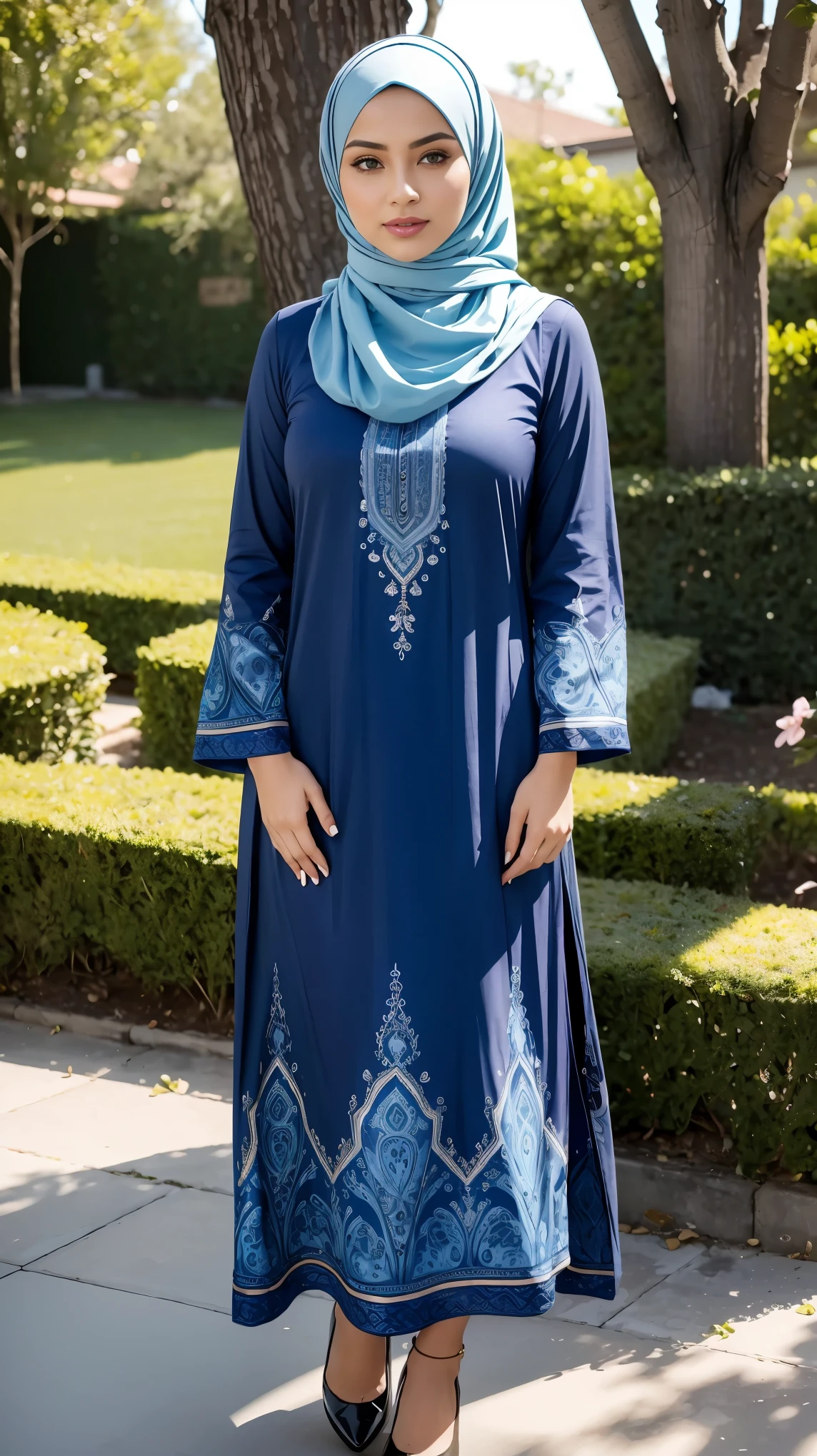 (Close Up),RAW, Best quality, high resolution, masterpiece: 1.3), beautiful Malay woman in hijab,Masterpiece, perfect slim fit body,small breast, big gorgeous eyes, Soft smile,beautiful face,thick thighs, muslim woman wearing a blue floral print dress and black shoes, blue tunic, looks like ebru şahin, doruk erdem, decorative dark blue clothing, delicate patterned, long tunic, blue - print, tunic, hijab, women full body, delightful, casual modern clothing, detailed picture, modern casual clothing, patterned clothing, long shirt, lovely, beautiful shading , beautiful woman , located in flower garden, Excellent lighting, Bright colors, Clean lines