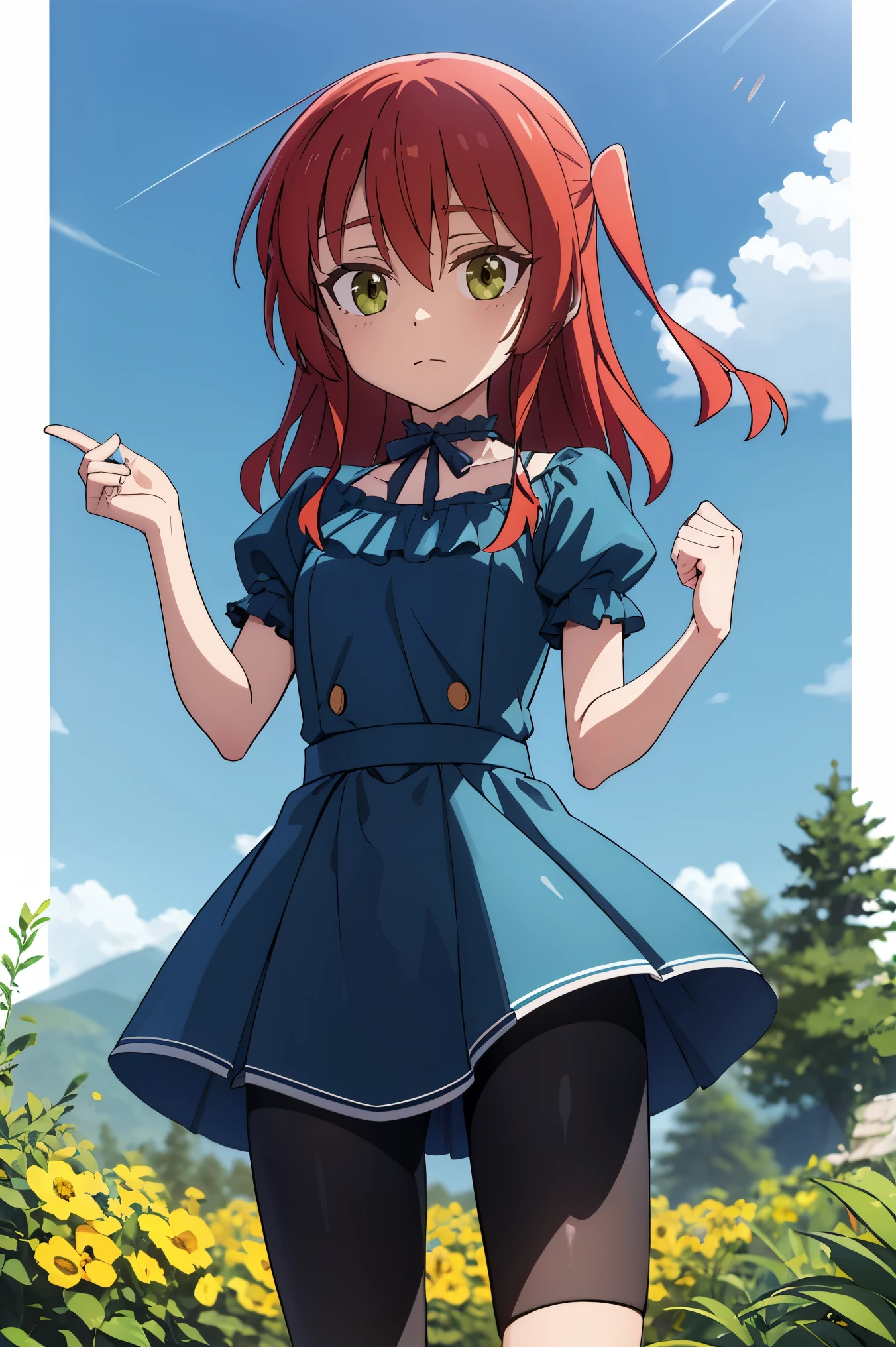 1 girl, ikuyo kita, bangs, red hair, long hair, one side up hair, green eyes, open eyes, blue dress, puffy sleeves, short sleeves, hdr, looking ahead, bike shorts, open mouth, standing, pov, 