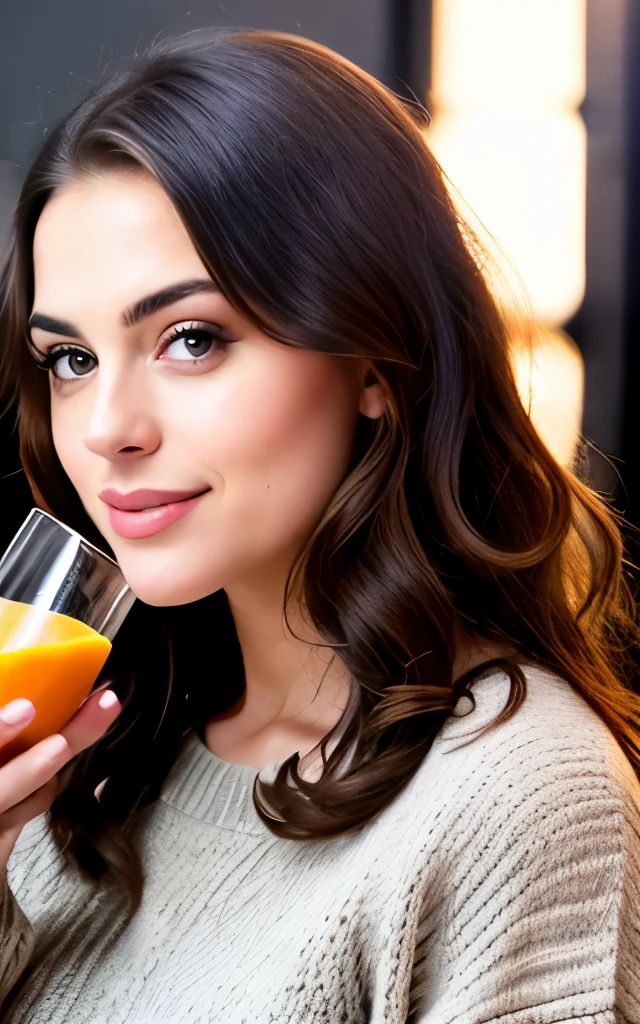 beautiful brunette Elizabeth Gillies wearing brown sweater (holding a glass of juice inside a modern beauty salon at sunset), very detailed, 21 years old, innocent face, natural wavy hair, blue eyes, high resolution, masterpiece, best quality, intricate details, highly detailed, sharp focus, detailed skin, realistic skin texture, texture, detailed eyes, professional, 4k, charming smile,  shot in Canon, 85mm, shallow depth of field, kodak vision color, perfect fit body, extremely detailed, foto_\(ultra\), photorealistic, realistic, post-processing, maximum detail, roughness, real life, ultra realistic, photorealism, photography, 8k uhd, photography