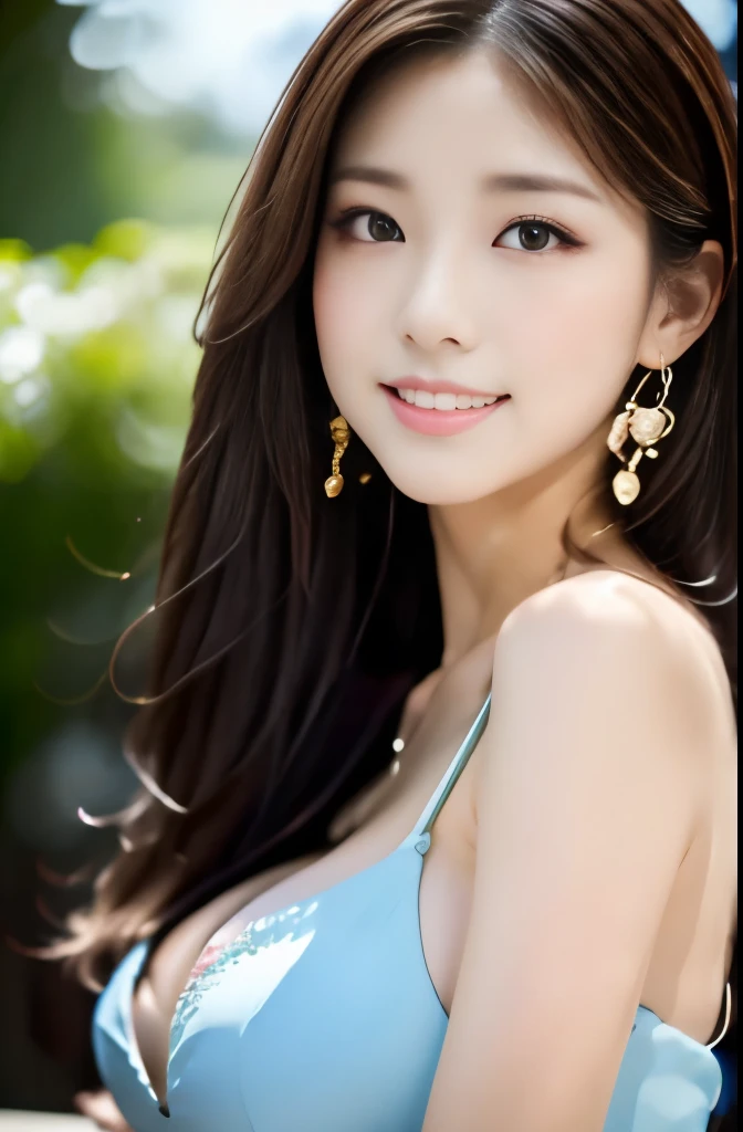 table top, highest quality, figure, super detailed, finely, High resolution, 8k wallpaper, 完璧なダイナミックな構figure,175cm、big breasts:1.2、 beautiful and fine eyes, ladies' fashion,long hair,natural color lip, bold sexy pose,smile,Harajuku、20 year old girl、cute、sexy shot looking at camera、detail peasant dress、Background outdoor,all,It's because he's tall and slender.
