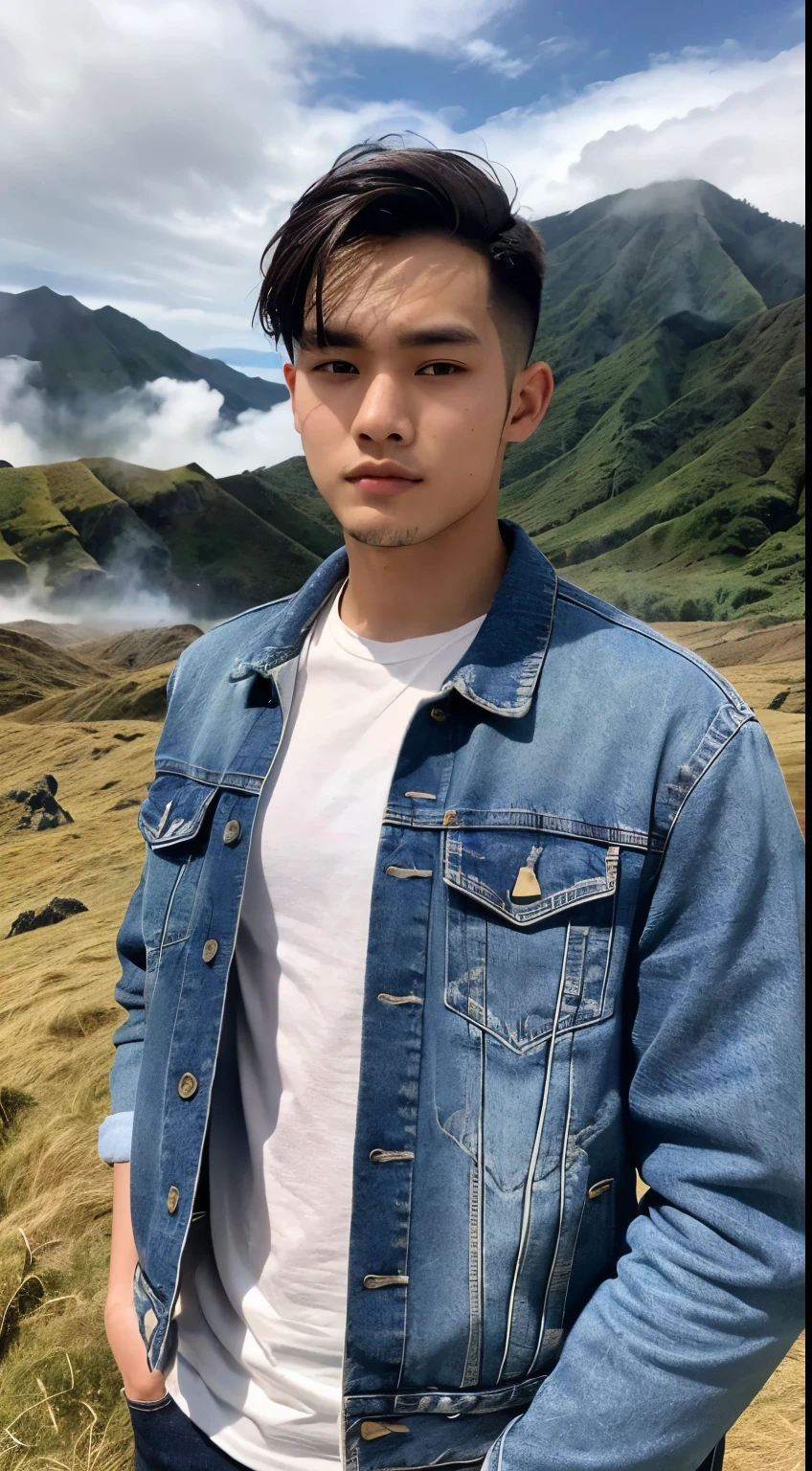 
(a handsome 21 year old Indonesian man, hair cut short standing, slightly round face full frame), (wearing a blue jeans jacket, white t-shirt wearing a watch), (mountain background, Bromo Indonesia: 1.2