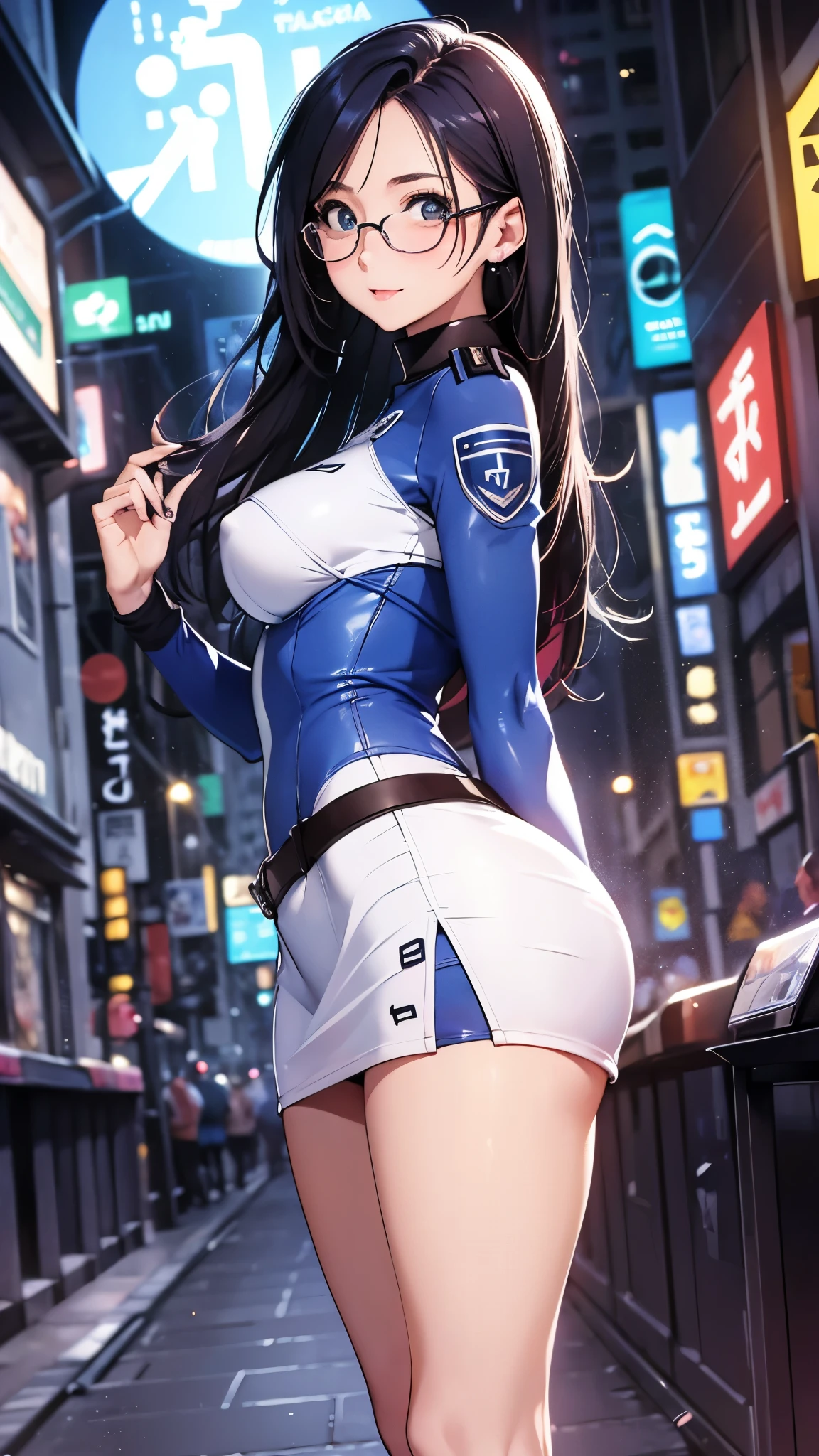 woman,25 years old,,city,night,(((white and blue tight miniskirt bodysuit))),,open mouth smile(())(glasses),(()),(()),blush、surprised face,((())),((turn around and look back))wet with sweat