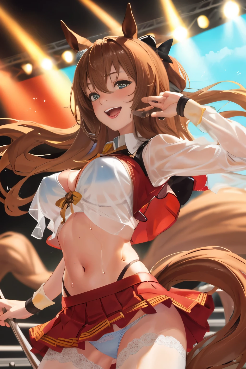 sexy dance show,sexy pose,maruzensky \(umamusume\),good anatomy, masterpiece, best quality,realistic, hyperrealistic, 16k hdr,Smile,(Live Stage),(see through costume:1.2),Stage costumes,Horse tail,sing a song,ultra miniskirt,navel,micro panties,clearvage,erected nipples,sweat,from below,large breasts,spread legs