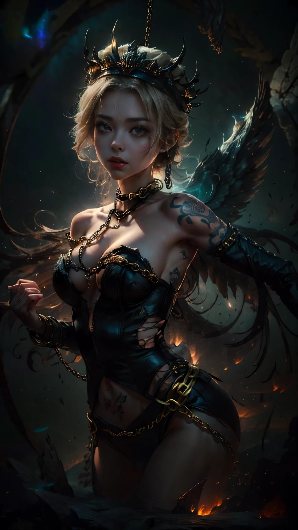(masterpiece, highest quality, official art, beautiful and aesthetic:1.4), ((fractal art:1.5)), Chaotic world:1.5, Swirling flames, Swirling lightning, Swirling ice and snow, (perfect dynamic composition:1.4, Detailed tattoos on the whole body:1.4, Wearing detailed body jewelry:1.4), Highly detailed skin and facial textures:1.3, (Cute and sexy fallen angel with big golden wings:1.3), prisoner of war, slave, tiara, Fair skin, (Correctly wear heavily torn white clothes off-shoulder:1.4), Huge breasts that are about to burst, Do not show areola, big chest gap, (The expression on your face when you feel intense caress, Facial expression when feeling pleasure), Eyes that feel beautiful eros, sexy face, (Too erotic and cute:0.9, Bewitching:0.9), (torture:1.4, Lots of chains:1.4, countless chains tangled in clothes:1.4, chain the right arm:1.4, chain the left arm:1.4, Bind the right leg with shackles and chains:1.4, Bind the left leg with shackles and chains:1.4), super long blonde curly hair