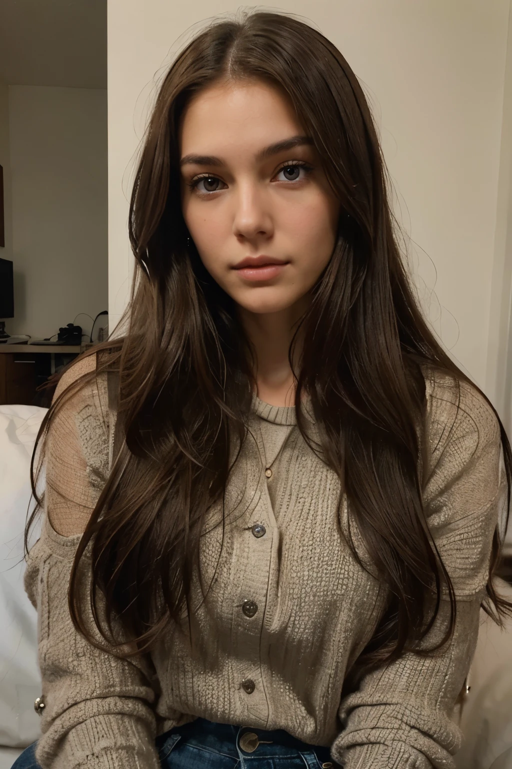 Arafed woman with long brown hair and a thin face and curls'ears posing for a photo, cheveux fins et brillants, slick hair, girl with dark brown hair, girl with brown hair, coiffure droite, brown hair with middle parting, ana de armas portrait, cheveux raides soyeux parfaits, Anna Nikonova alias Newmilky, attractive brown hair woman, photo Ultra HD Sophie Mudd, ana de armas