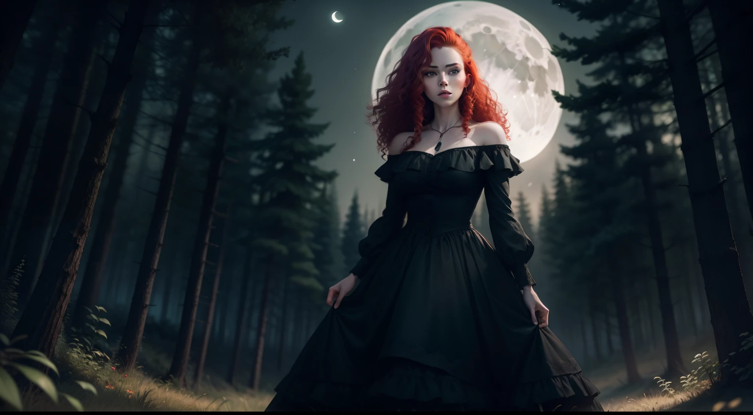 a real woman with red curls and green eyes, in a black dress, in the woods at night with the moon in the back
