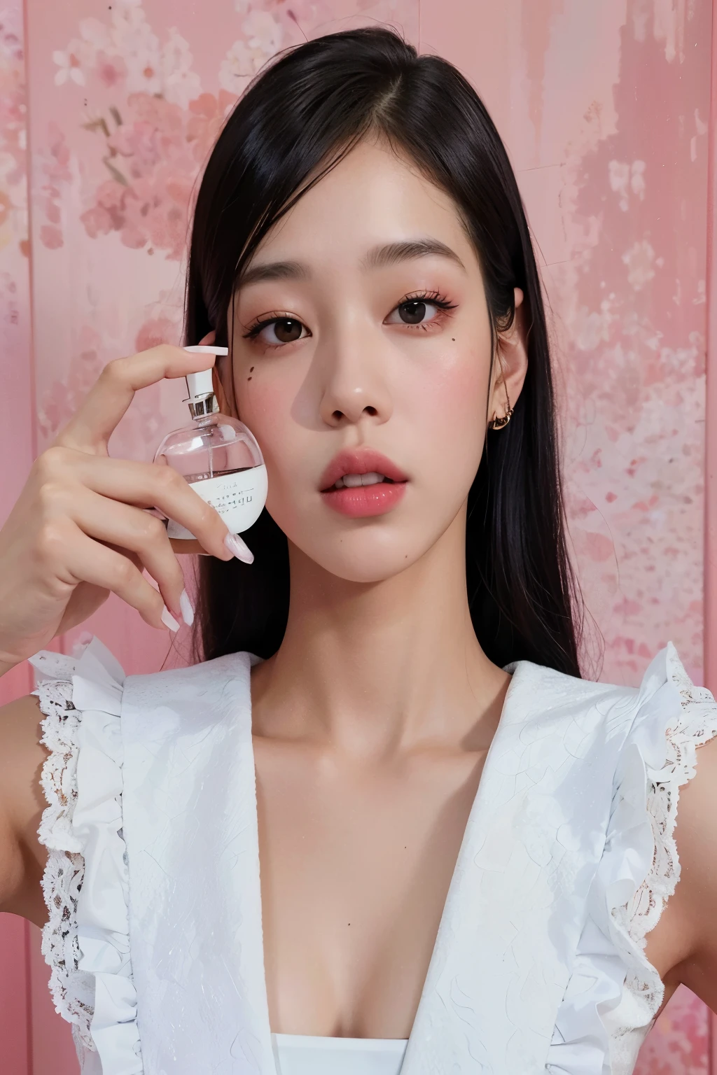 una mujer sosteniendo un frasco de perfume frente a su cara, jennie rosa negro, Lalisa Manobal, perfume, parque roseanne de blackpink, jossi de blackpink, maquillaje popular de corea del sur, Lalisa Manoban de Blackpink, gongbi, llevando una botella de perfume, maquillaje coreano popular, Jinyoung Shin, kiko mizuhara, sha xi