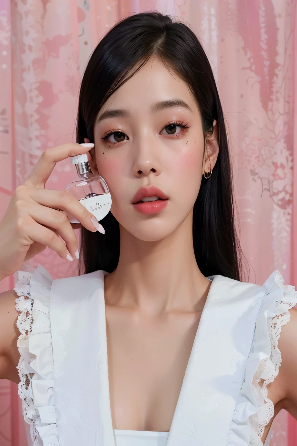 una mujer sosteniendo un frasco de perfume frente a su cara, jennie rosa ?????, Lalisa Manobal, perfume, parque roseanne de blackpink, jossi de blackpink, maquillaje popular de corea del sur, Lalisa Manoban de Blackpink, gongbi, llevando una botella de perfume, maquillaje coreano popular, Jinyoung Shin, kiko mizuhara, sha xi