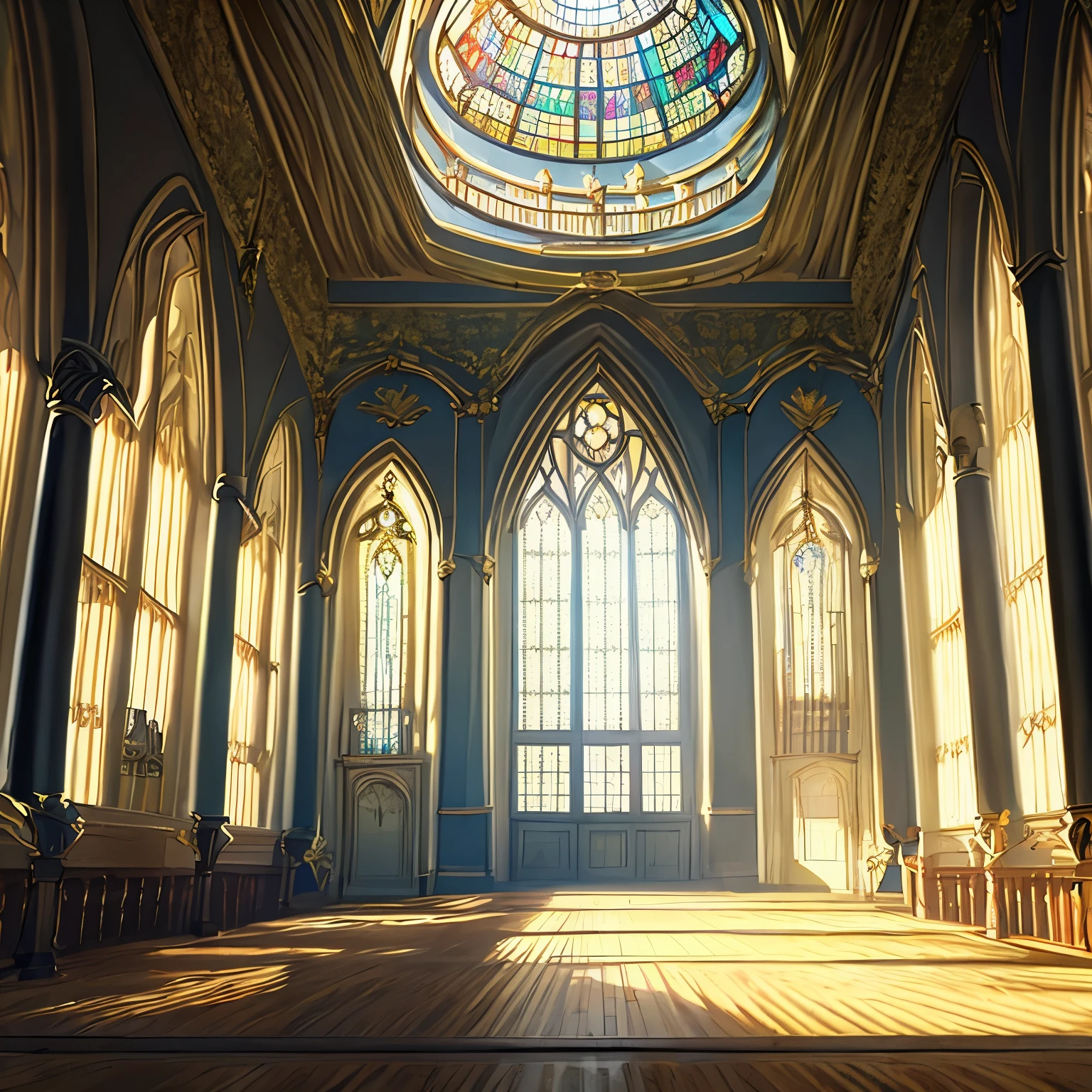 Interior, hall of a gothic Victorian castle, interior, a large hall with windows and stained glass , sem humanos , scenario, scenario de anime, scenario para anime