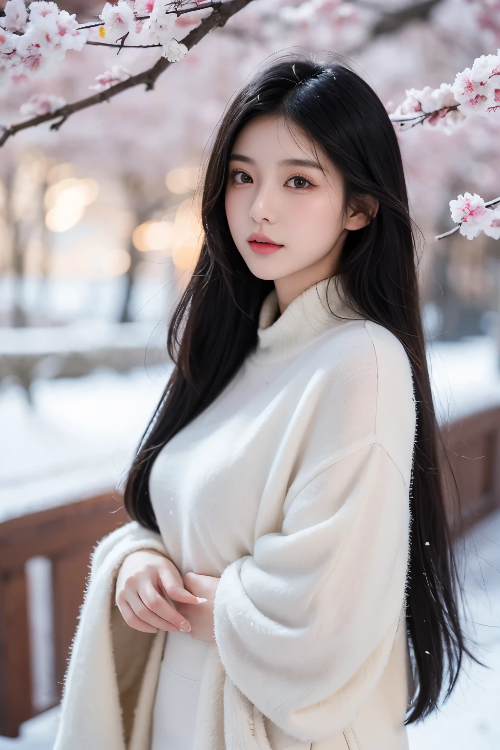 An 18-year-old Chinese beauty,winter,sexy,long black hair,Color flows across her face,chest,a ray of light,Warm winter clothes,student,Plum blossom background